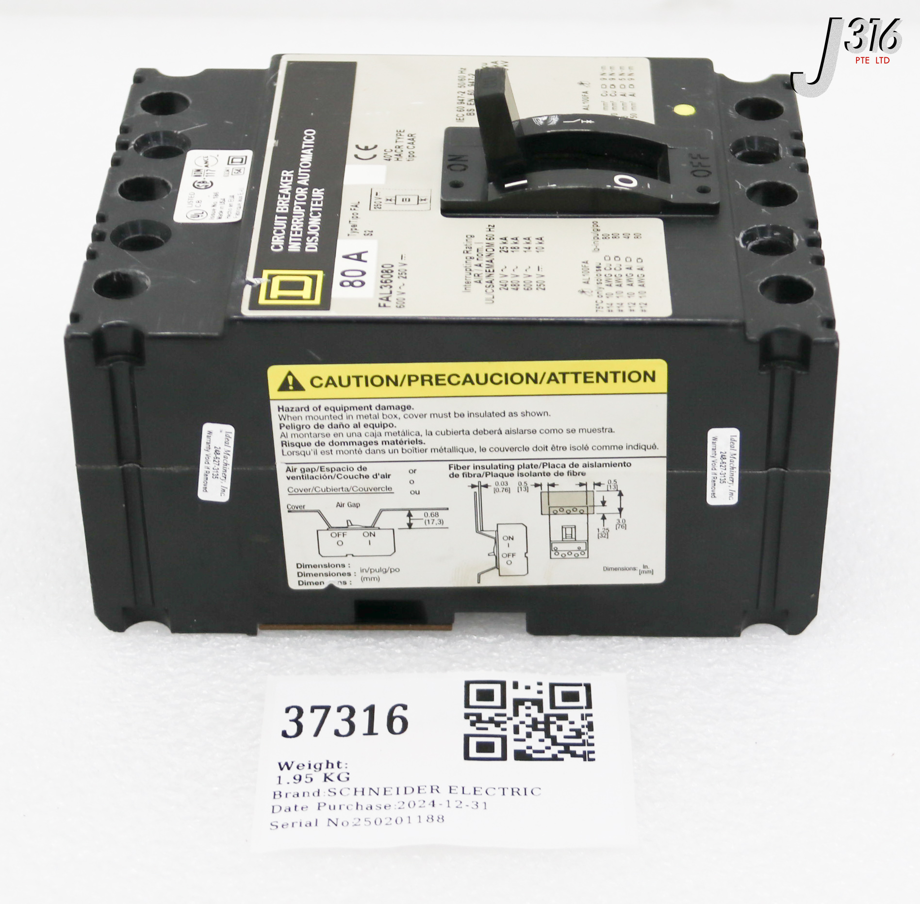 37316 SCHNEIDER ELECTRIC 3-POLE CIRCUIT BREAKER, SQUARE D, 80A FAL36080