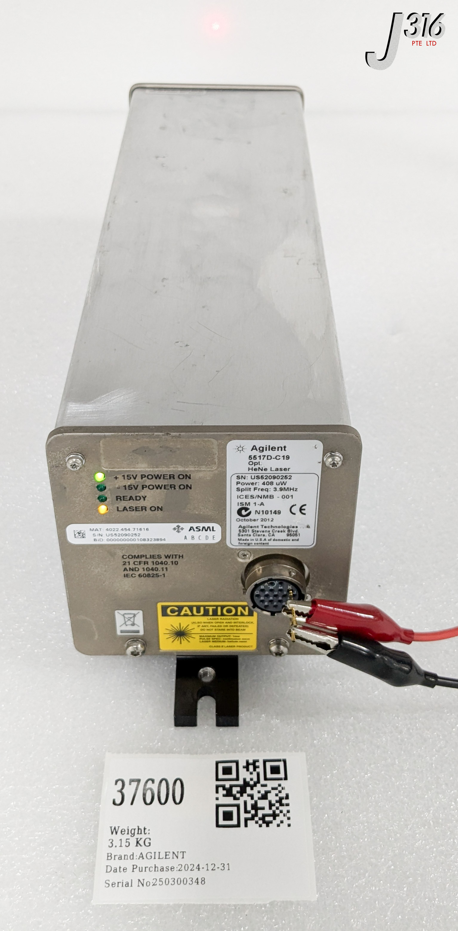 37600 AGILENT LASER HEAD, HeNe, POWER: 408uW, 3.9MHz, ASML 4022.454.71616 5517D-C19