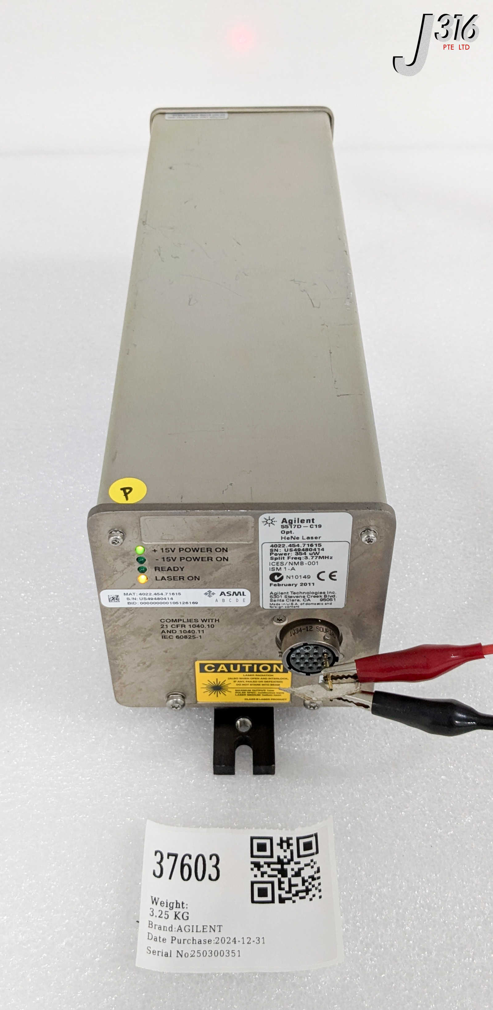 37603 AGILENT LASER HEAD, HeNe, POWER: 354uW, 3.77MHz, ASML 4022.454.71615 5517D-C19