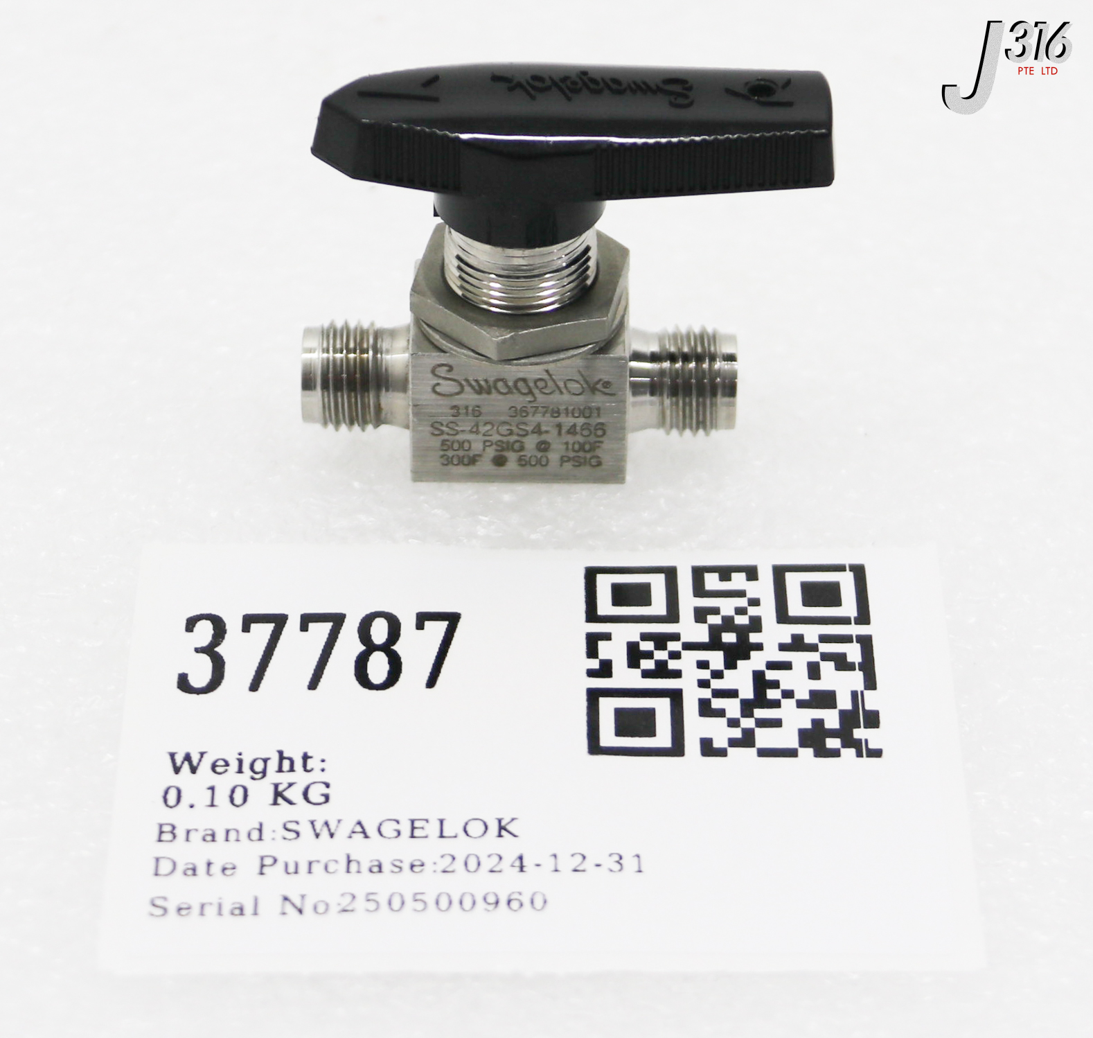 37787 SWAGELOK 40G SERIES BALL VALVE, 0.6 CV, 1/4 IN SS-42GS4-1466