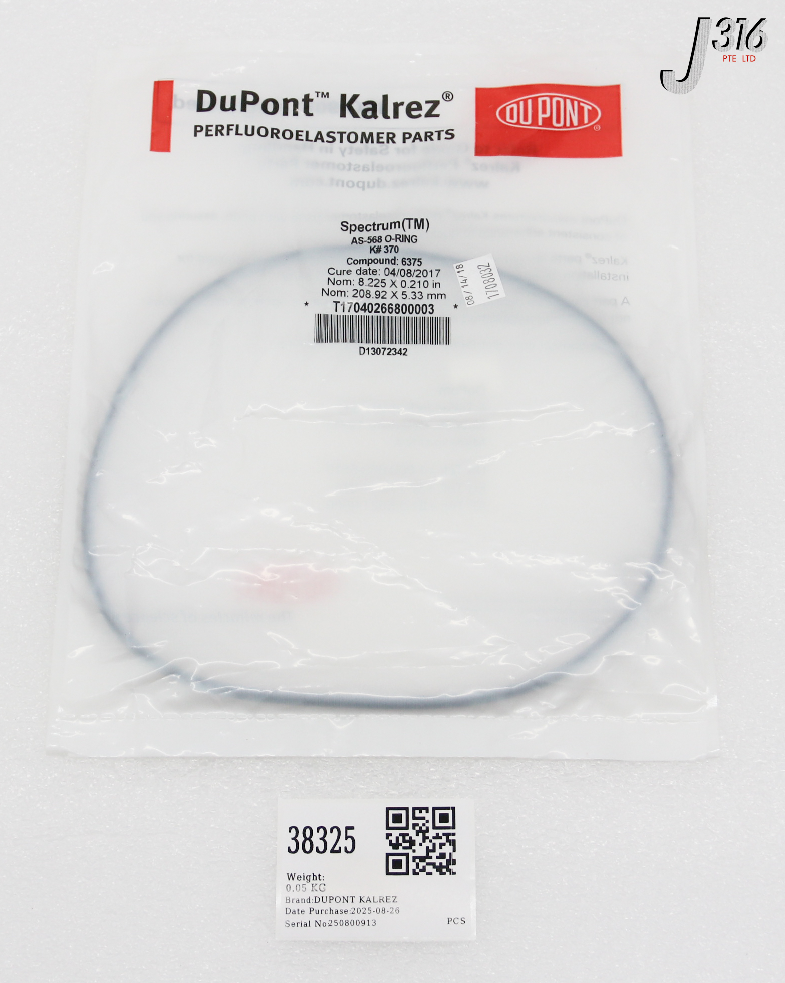 38325 DUPONT KALREZ O-RING, KALREZ 6375 8.225"IDX . 210" C/S (NEW) AS-568