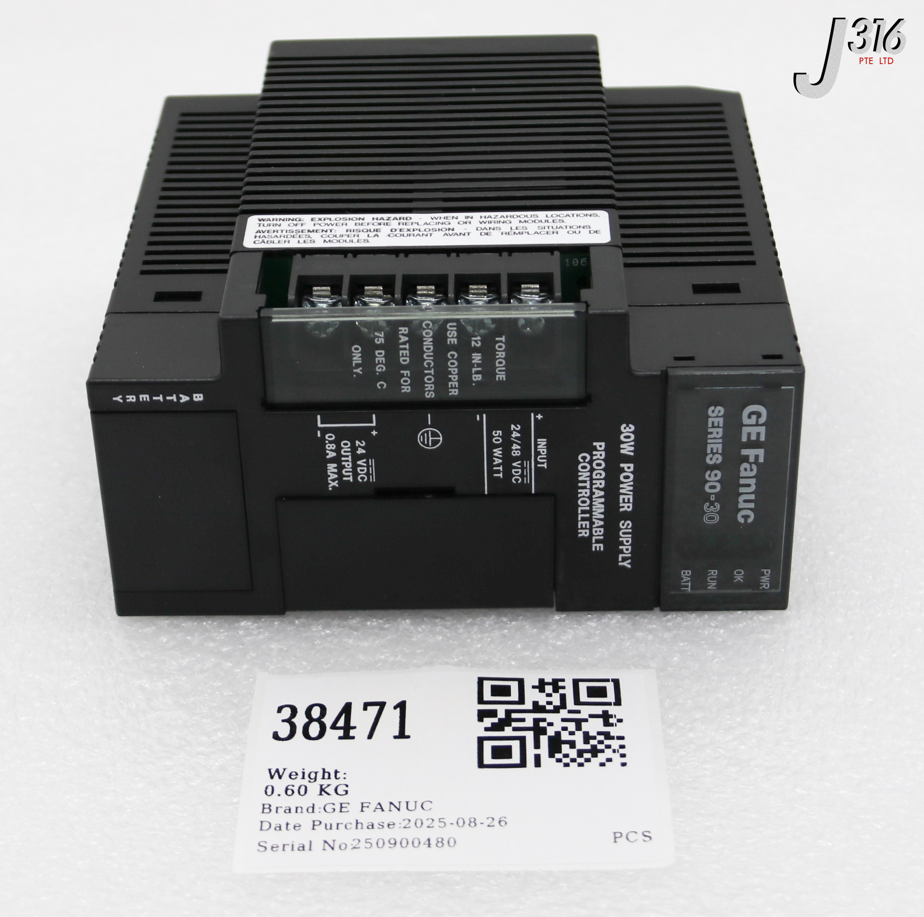 38471 GE FANUC SERIES 90-30 POWER SUPPLY, PROGRAMMABLE CONTROLLER (NEW) IC693PWR322F