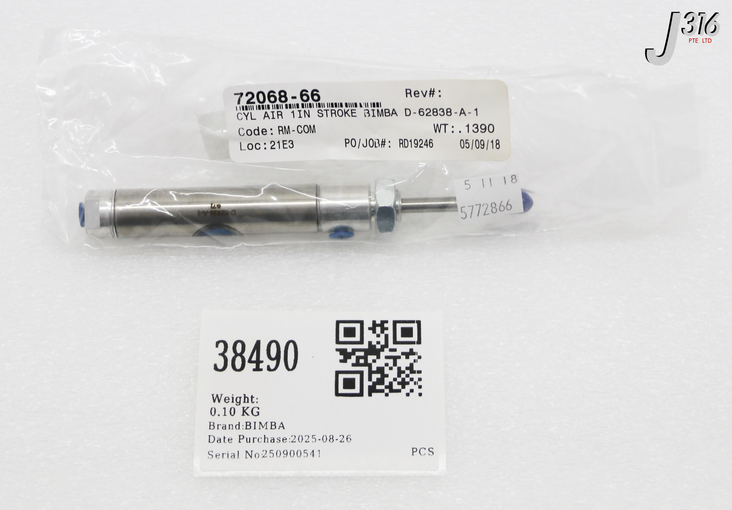 38490 BIMBA CYLINDER AIR  1IN STROKE 72068-66 (NEW) D-62838-A-1