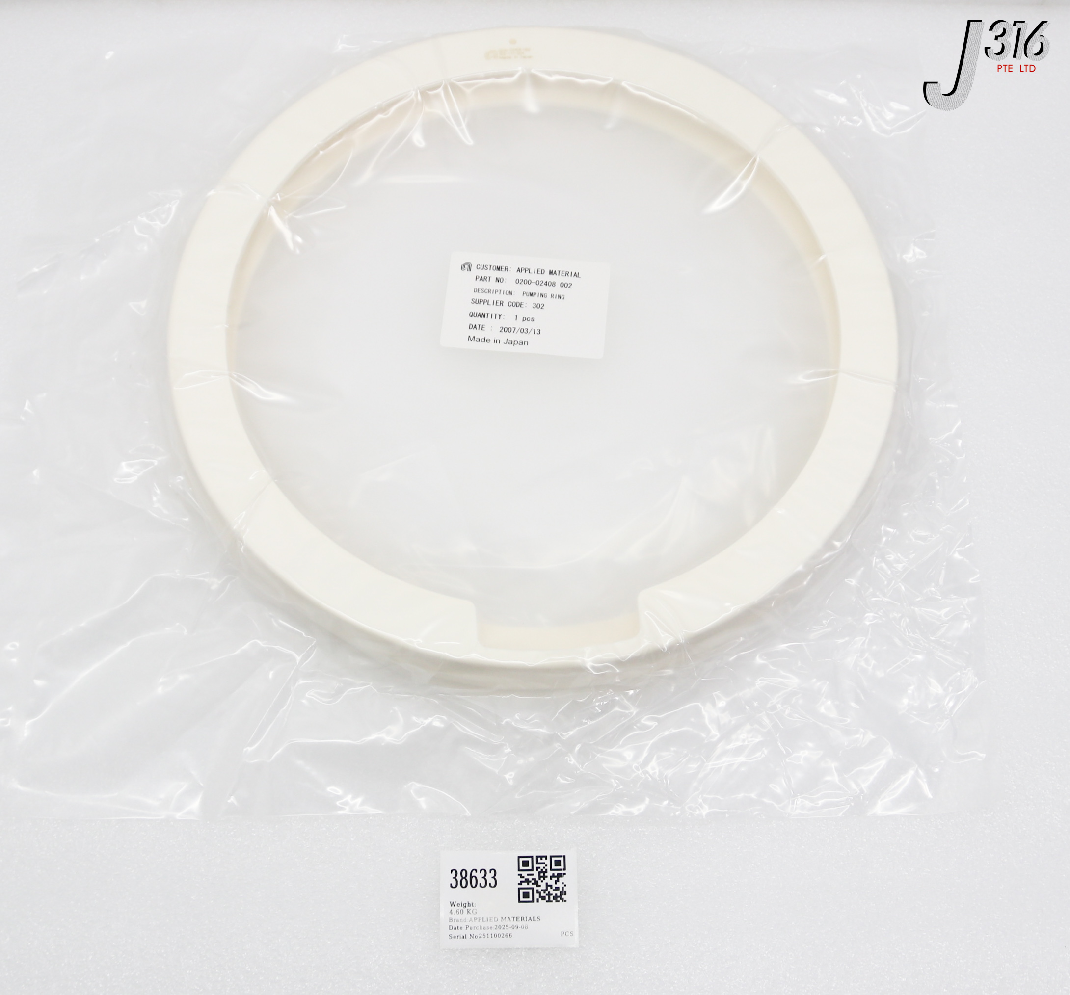 38633 APPLIED MATERIALS PUMPING RING,CERAMIC C-CHANNEL,SIDE 2 (NEW) 0200-02408