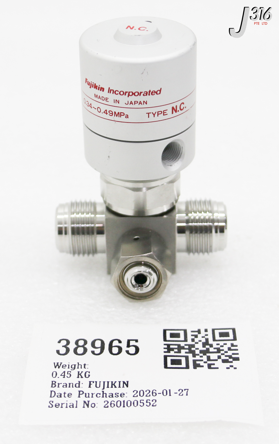 38965 FUJIKIN DIAPHRAGM VALVE, TYPE N.C. 0.34~0.49MPA 401710