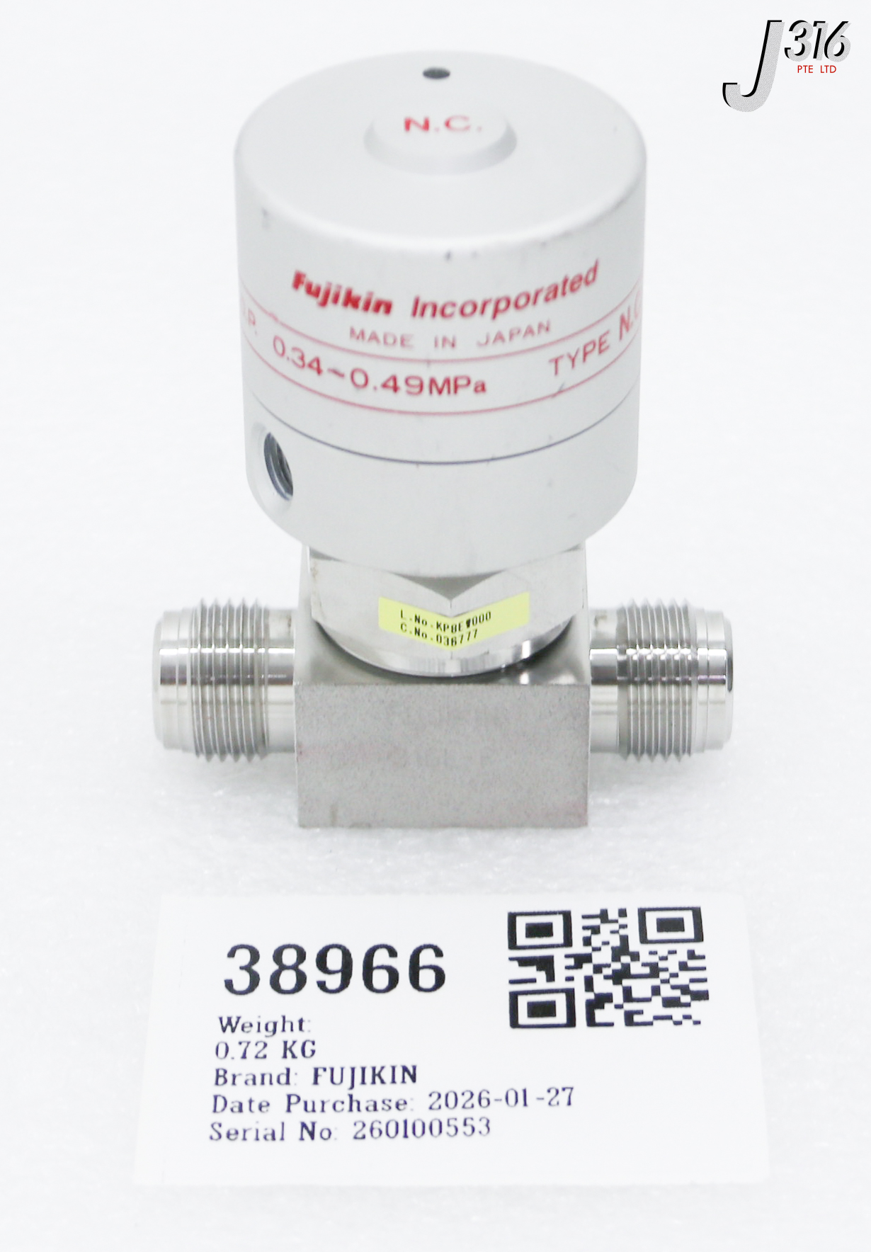 38966 FUJIKIN DIAPHRAGM VALVE, TYPE N.C. 0.34~0.49MPA 036777