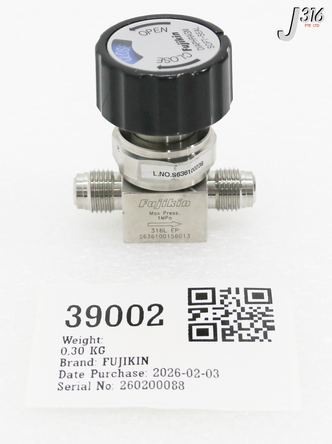 39002 FUJIKIN DIAPHRAGM VALVE SOFT-SEAL, 316 EP, MAX 1 MPA S636100239