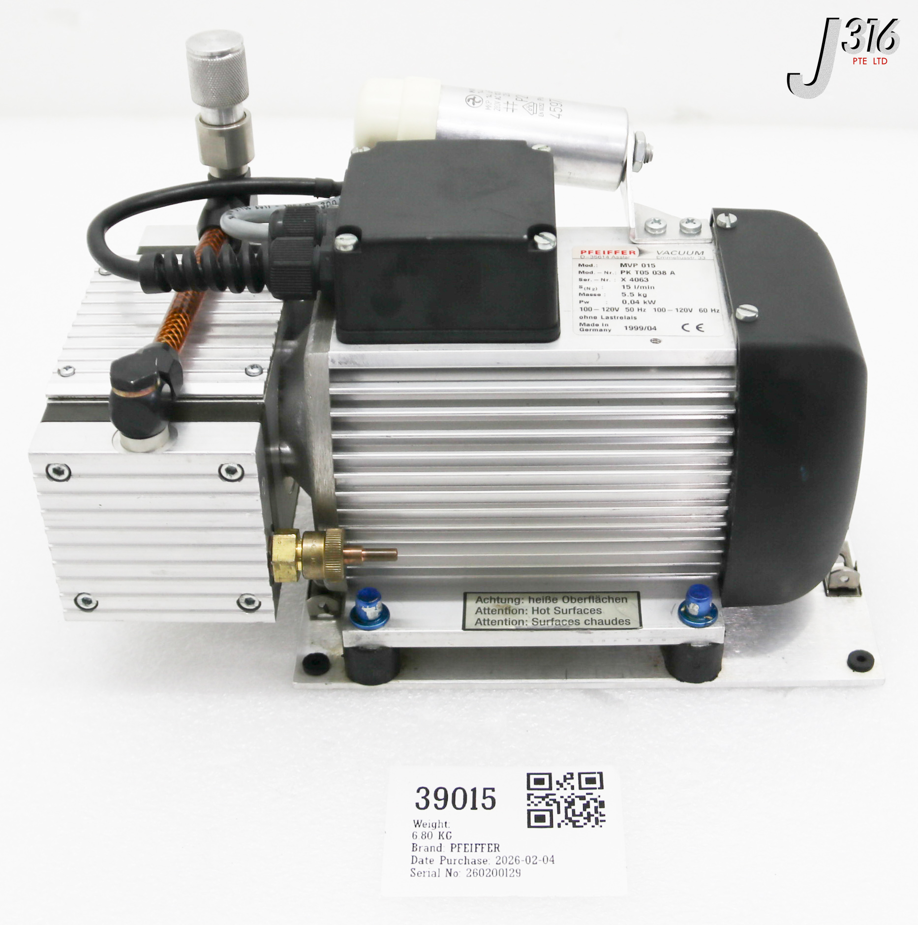 39015 PFEIFFER VACUUM PUMP EMMELIUSSTR MVP 015