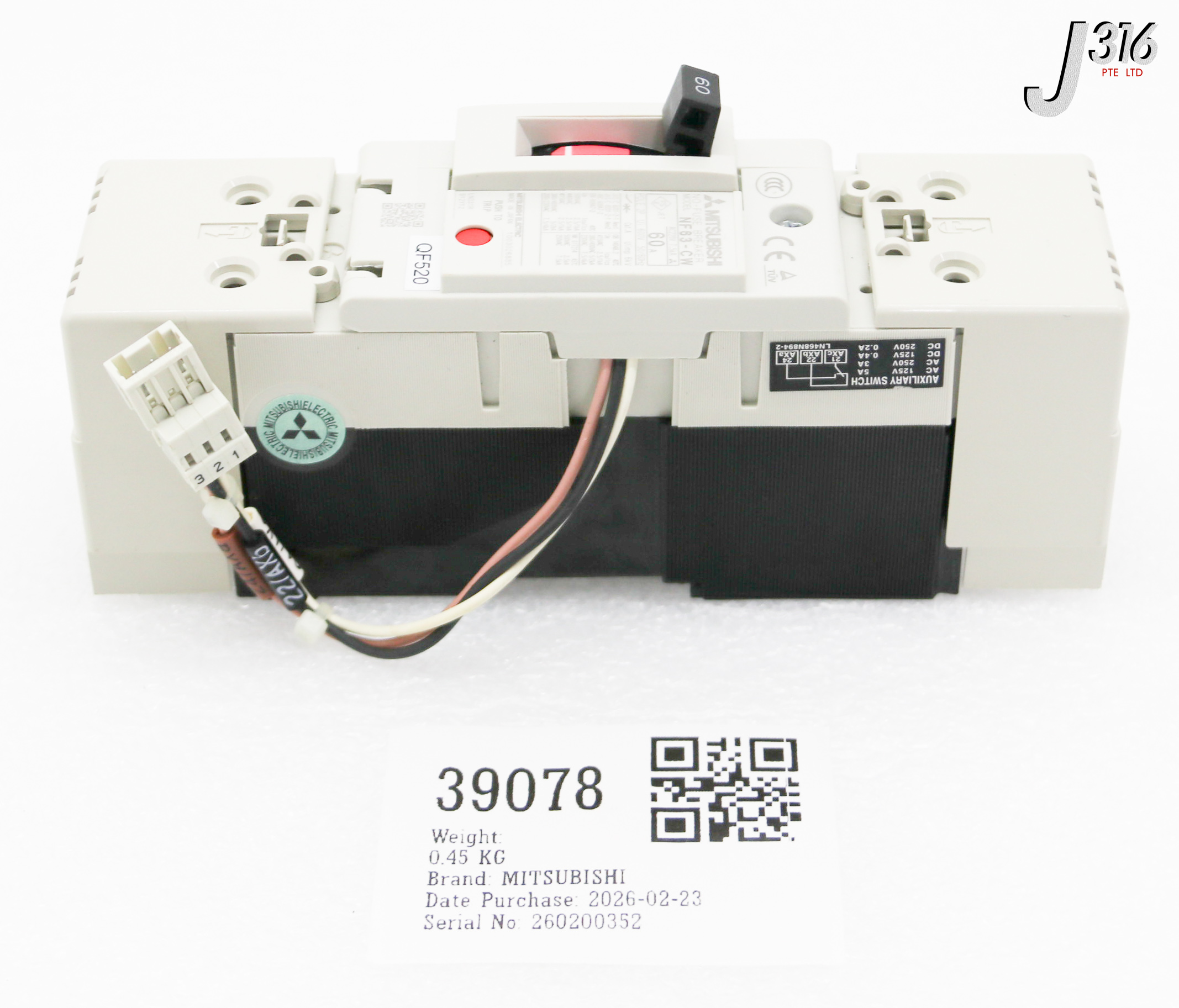 39078 MITSUBISHI NO-FUSE BREAKER, 2 PHASE, 60A NF63-CW