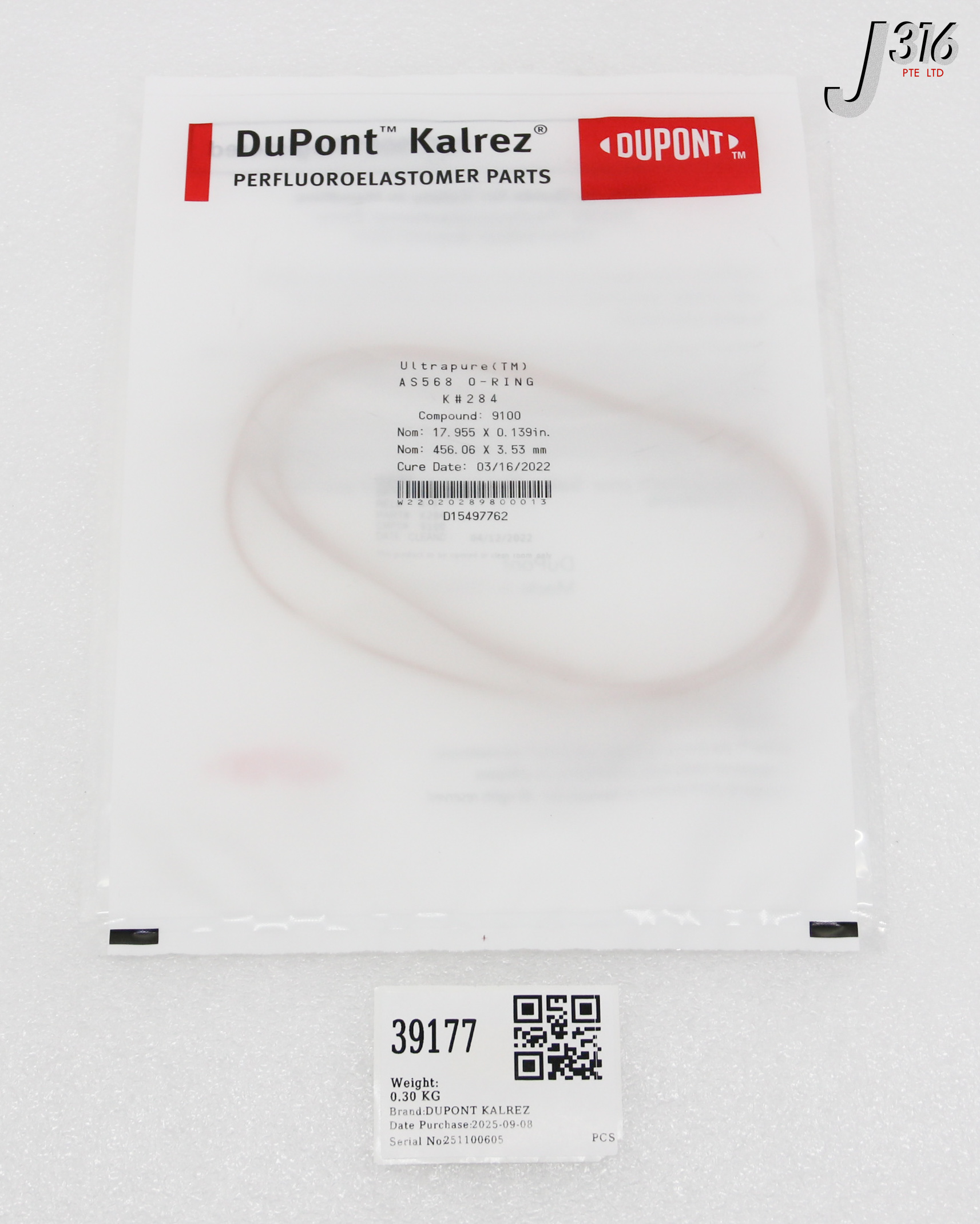 39177 DUPONT KALREZ AS568 O-RING, K#284, (NEW) D15497762