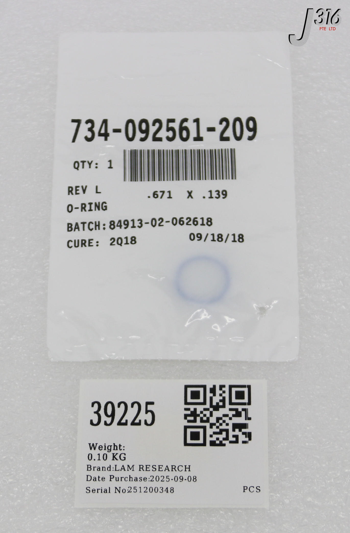 39225 LAM RESEARCH O-RING, FSI, 671, ID X .139 C/S W, (NEW) 734-092561-209