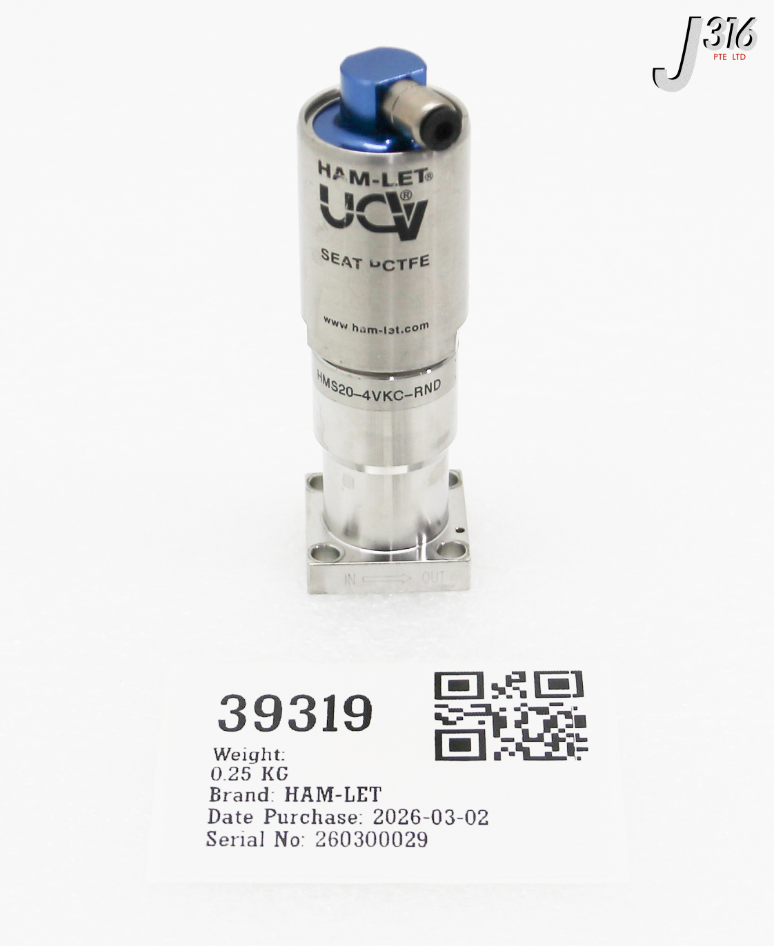 39319 HAM-LET ULTRA-CLEAN, SURFACE-MOUNT DIAPHRAGM VALVE HMS20-4VKC-RND