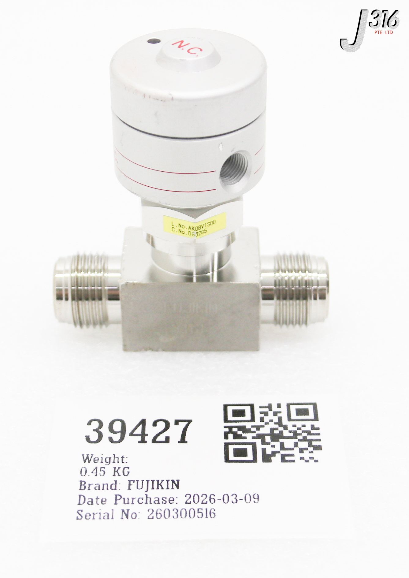 39427 FUJIKIN DIAPHRAGM VALVE, TYPE N.C., O.P. 0.34~0.69MPA 096285