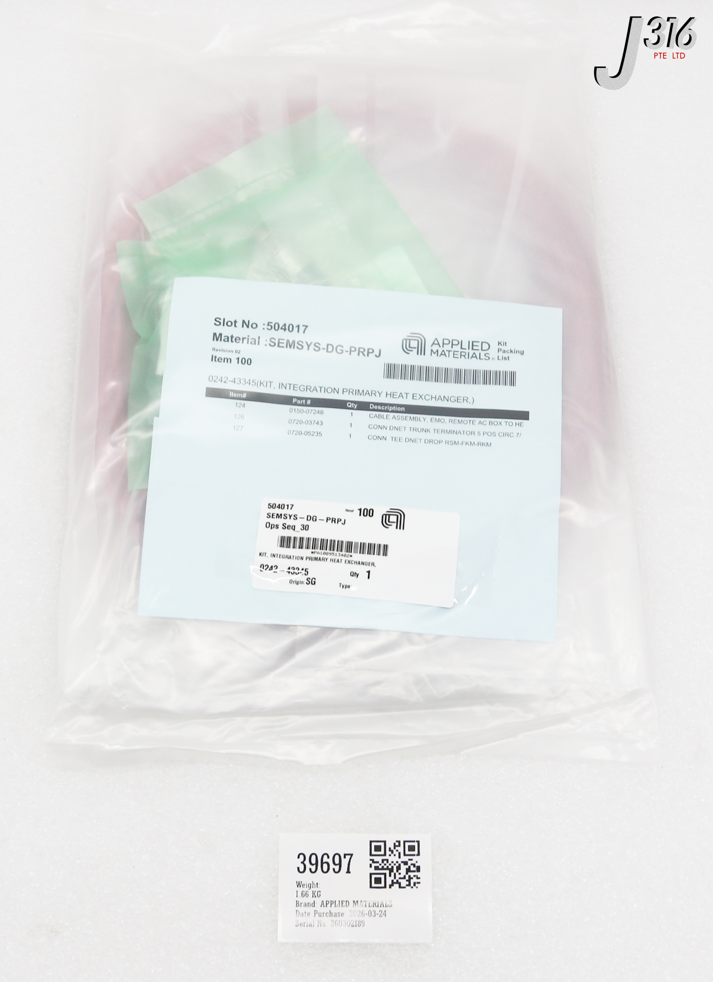 39697 APPLIED MATERIALS KIT, INTEGRATION PRIMARY HEAT EXCHANGER (NEW) 0242-43345