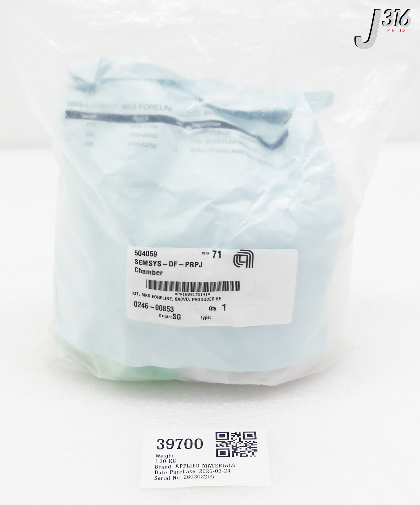 39700 APPLIED MATERIALS KIT, MKS FORELINE, SACVD, PRODUCER SE (NEW) 0246-00853