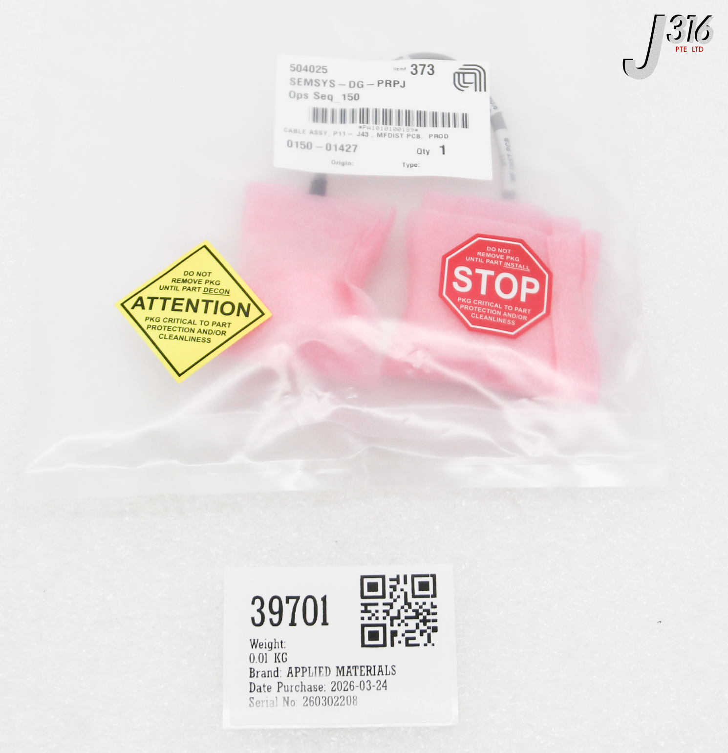 39701 APPLIED MATERIALS CABLE ASSY, P11-J43, MFDIST PCB, PROD (NEW) 0150-01427