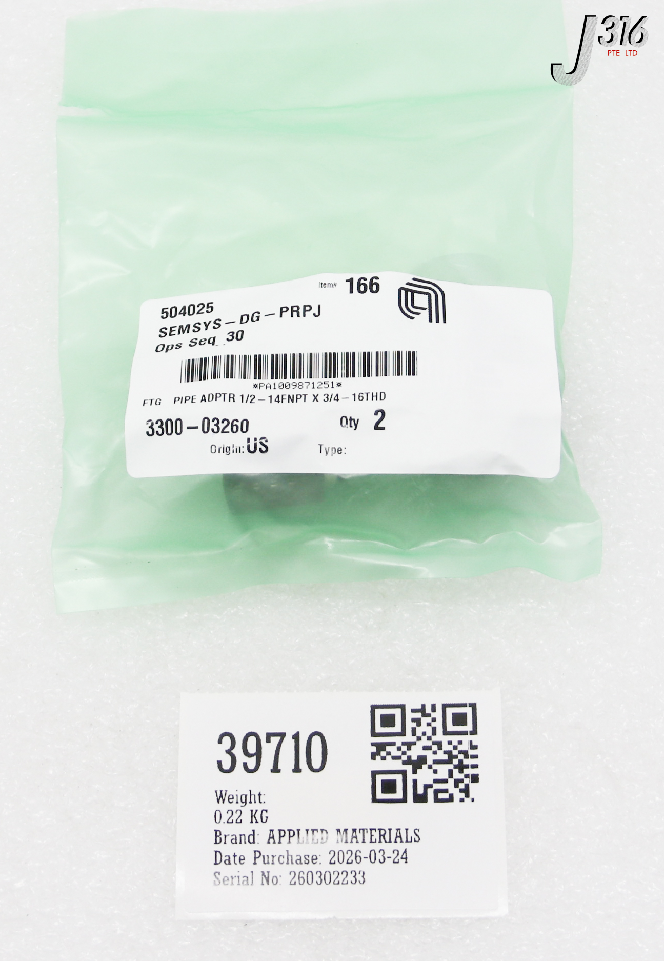 39710 APPLIED MATERIALS FTG PIPE ADPTR 1/2-14FNPT X 3/4-16THD (LOT OF 2) (NEW) 3300-03260