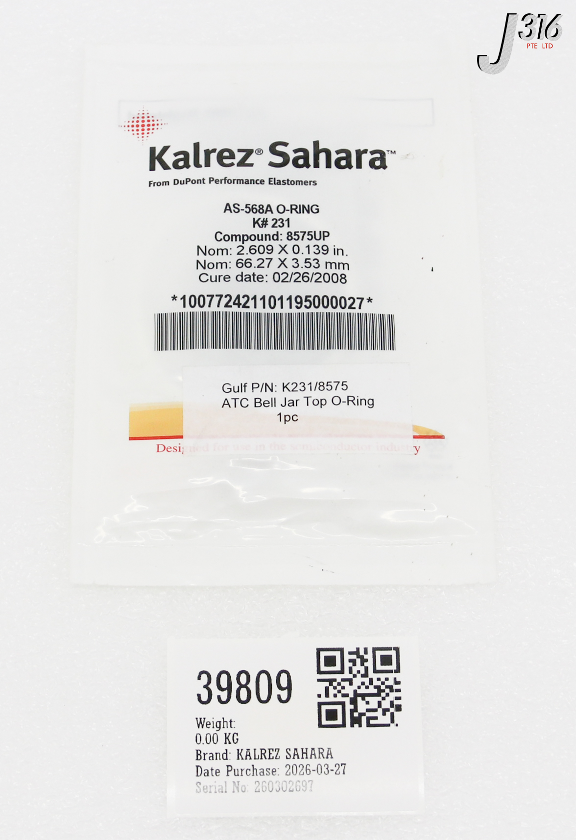 39809 KALREZ SAHARA ATC BELL JAR TOP O-RING (NEW) K231/8575