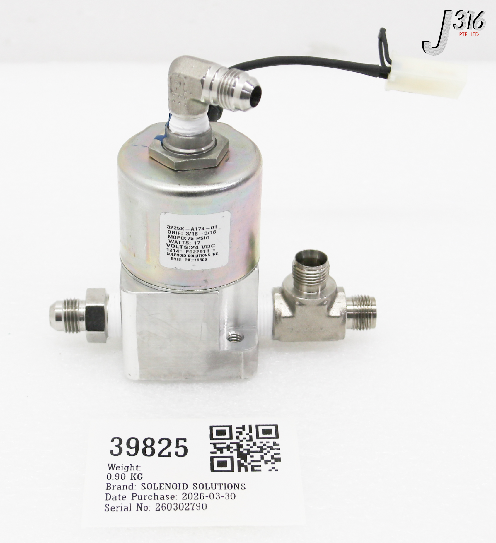 39825 SOLENOID SOLUTIONS WATER PRESSURE FLOW SWITCH, 3/16-3/16, 75PSIG 3225X-A174-01