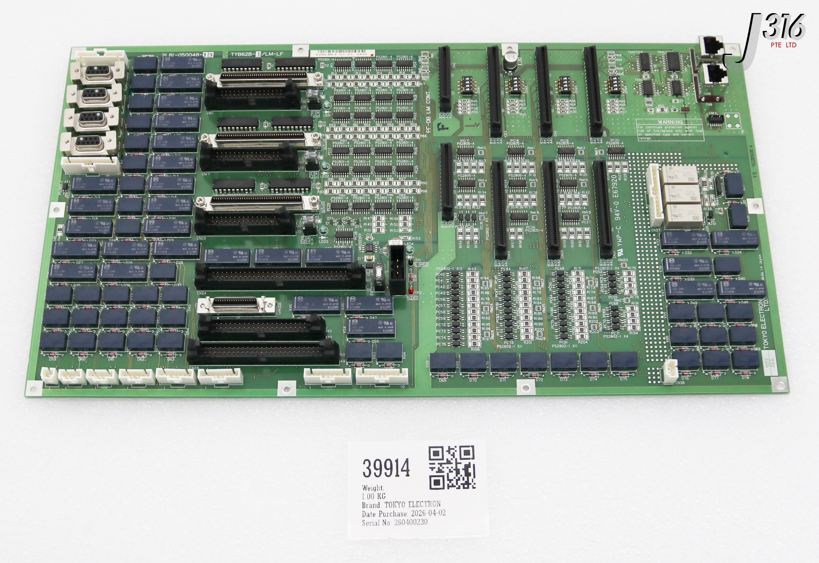 39914 TOKYO ELECTRON PCB BOARD, TYB62B-1/LM-LF 2L81-050048-13