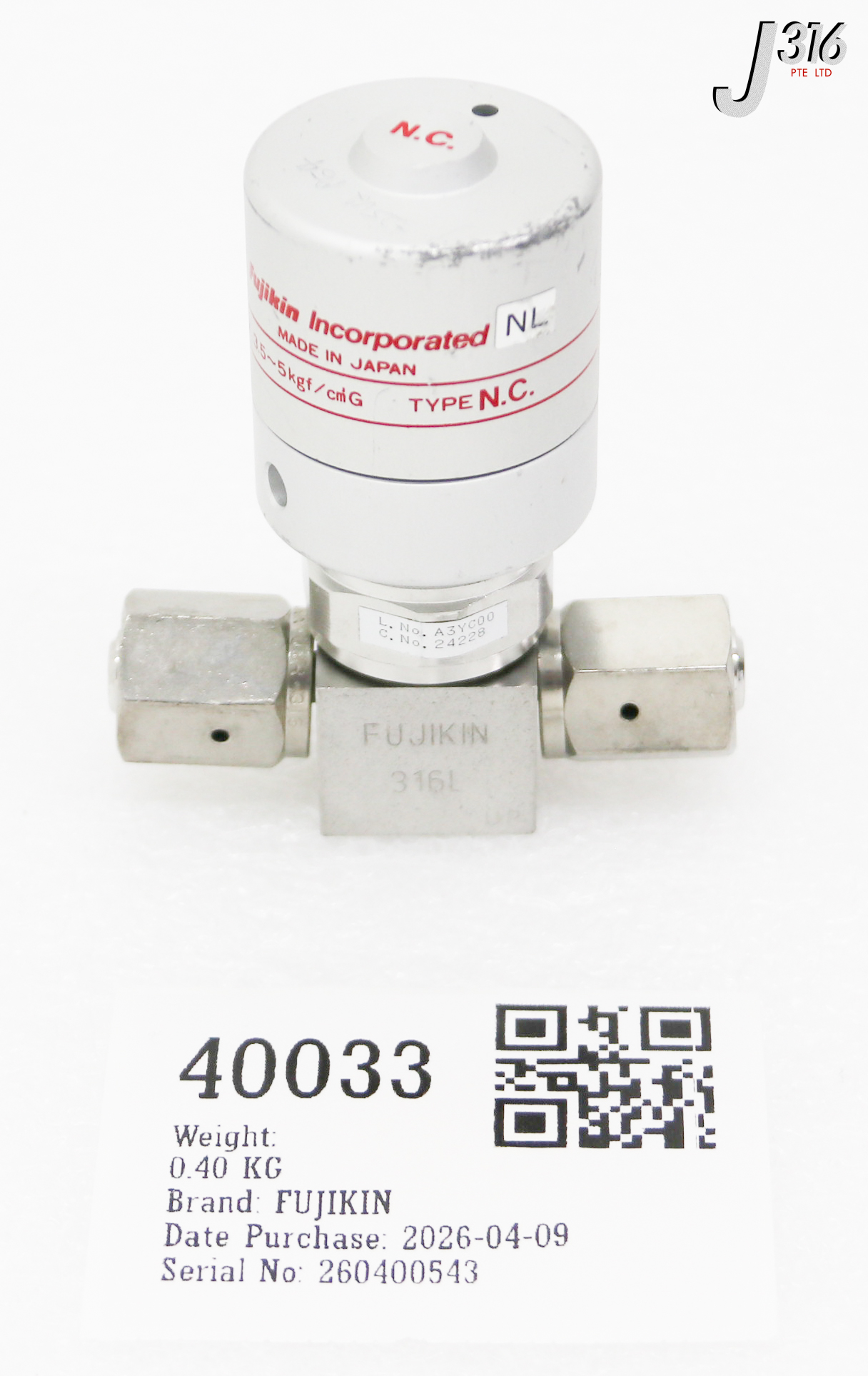 40033 FUJIKIN DIAPHRAGM VALVE TYPE N.C, O.P 3.5~5KGF 24228