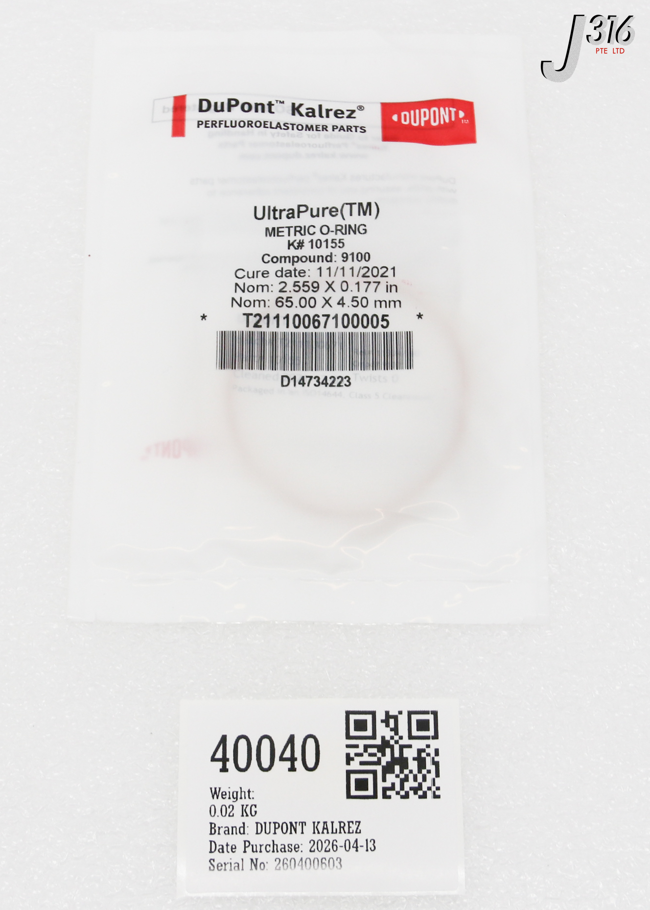 40040 DUPONT KALREZ METRIC O-RING COMPOUND: 9100, D14734223 (NEW) K#10155