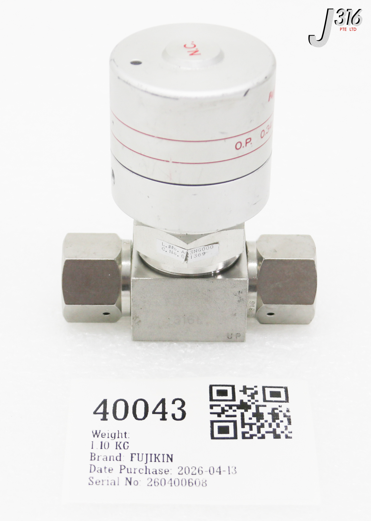 40043 FUJIKIN DIAPHRAGM VALVE, TYPE N.C, O.P. 0.34~0.49MPA 021369