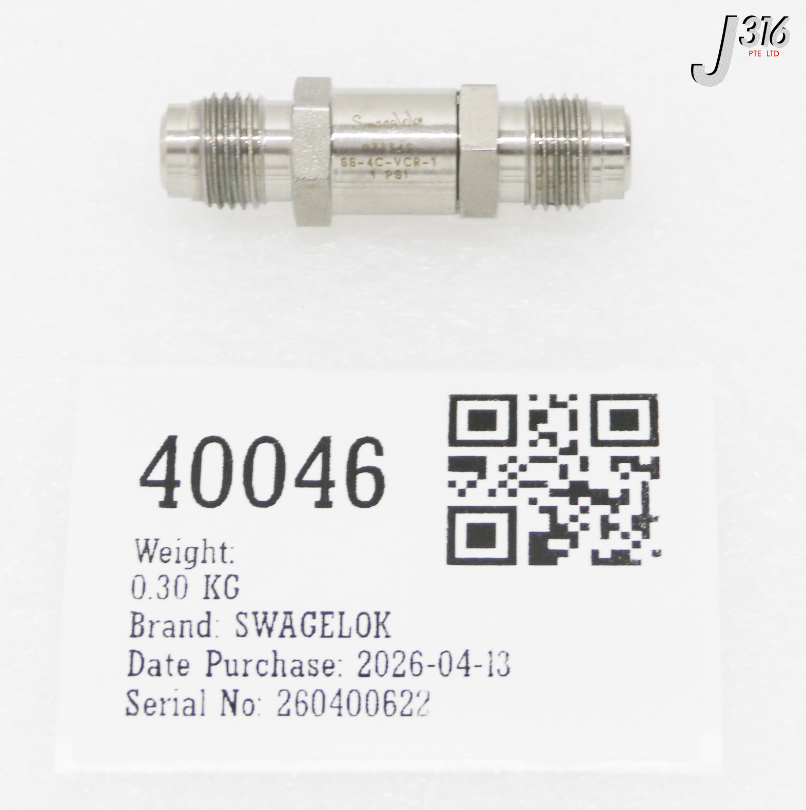 40046 SWAGELOK POPPET CHECK VALVE, FIXED PRESSURE, 1/4", 1 PSI SS-4C-VCR-1
