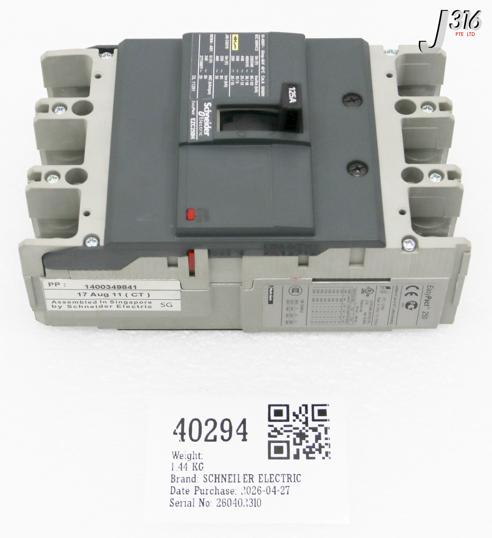 40294 SCHNEIDER ELECTRIC 3-PHASE, FIXED TYPE MOLDED CASE CIRCUIT BREAKER (MCCB) EZC250H