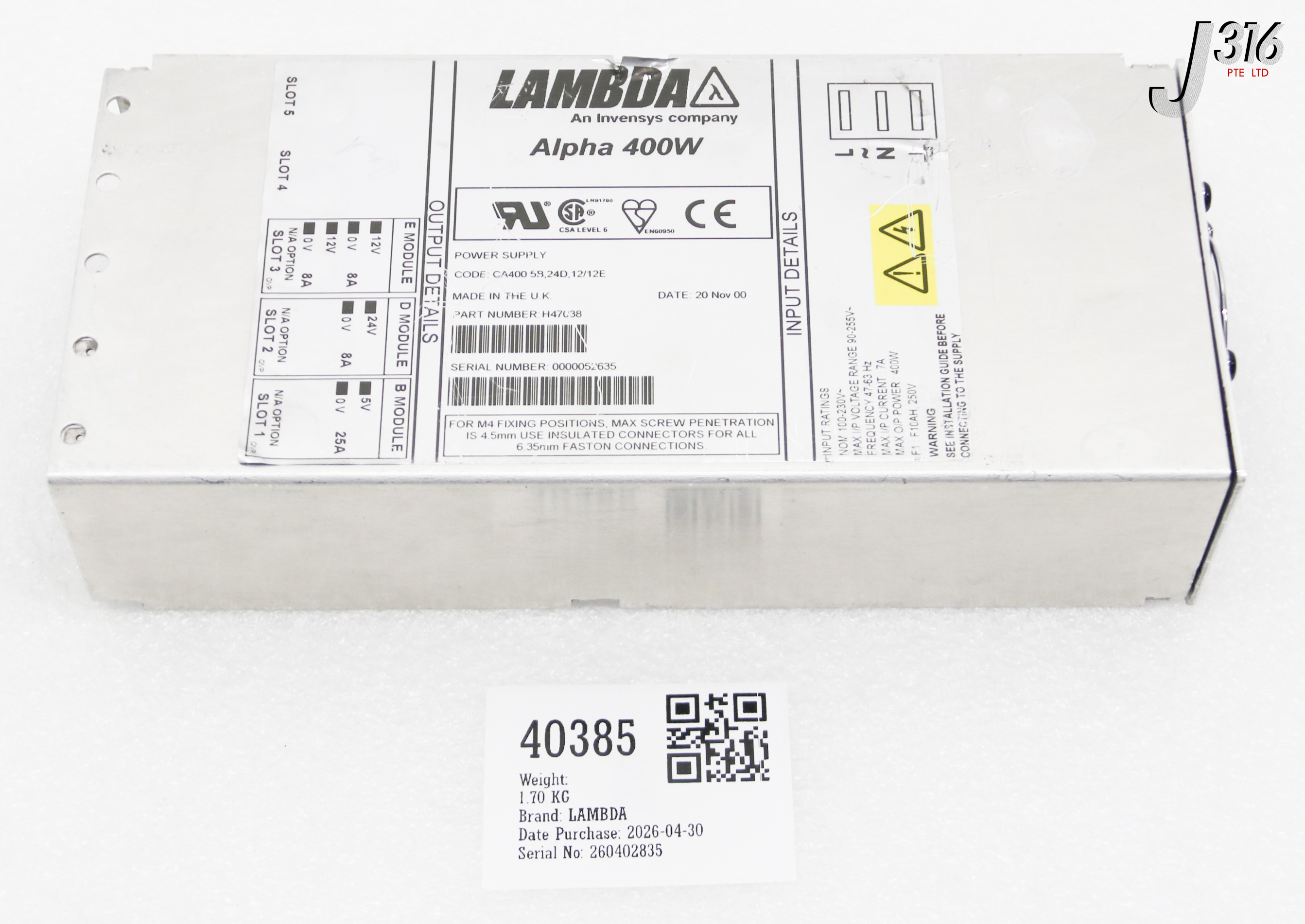 40385 LAMBDA POWER SUPPLY, ALPHA 400W, 5 - 24V (PARTS) H47038