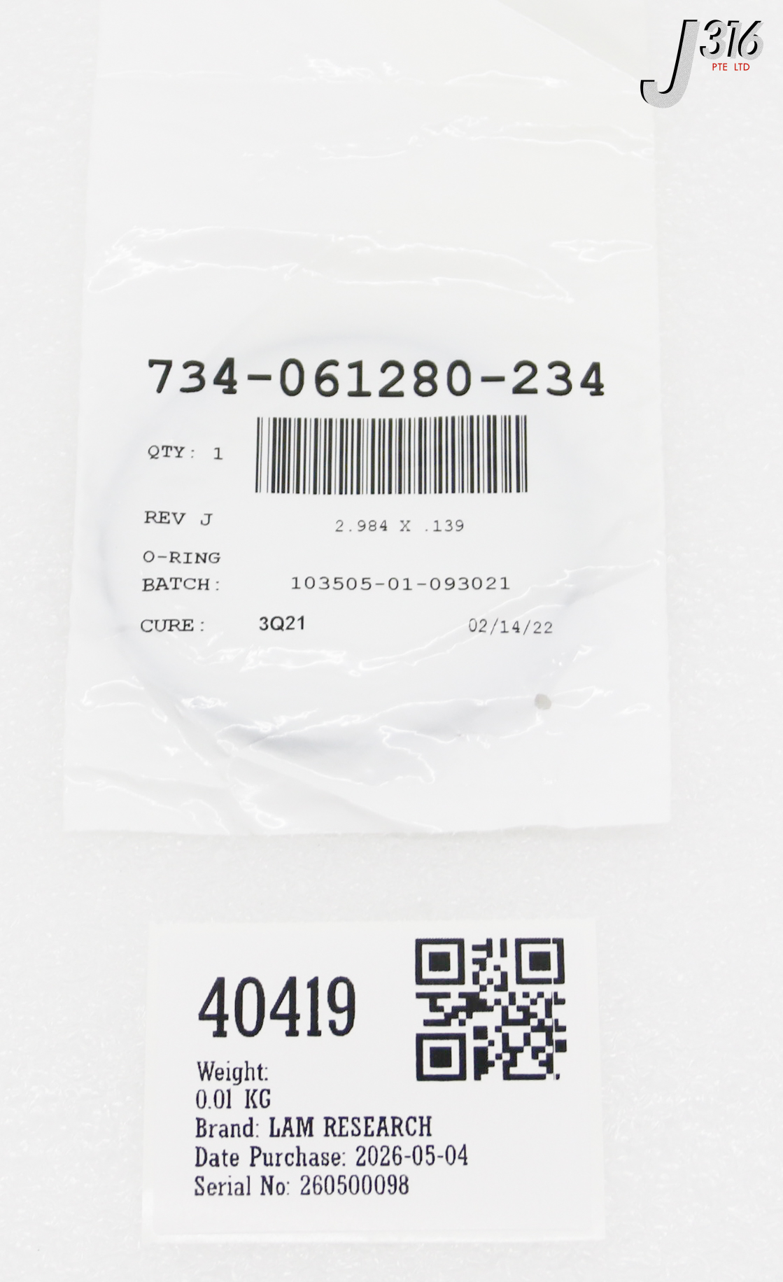 40419 LAM RESEARCH O-RING, 2.984 X .139 (NEW) 734-061280-234
