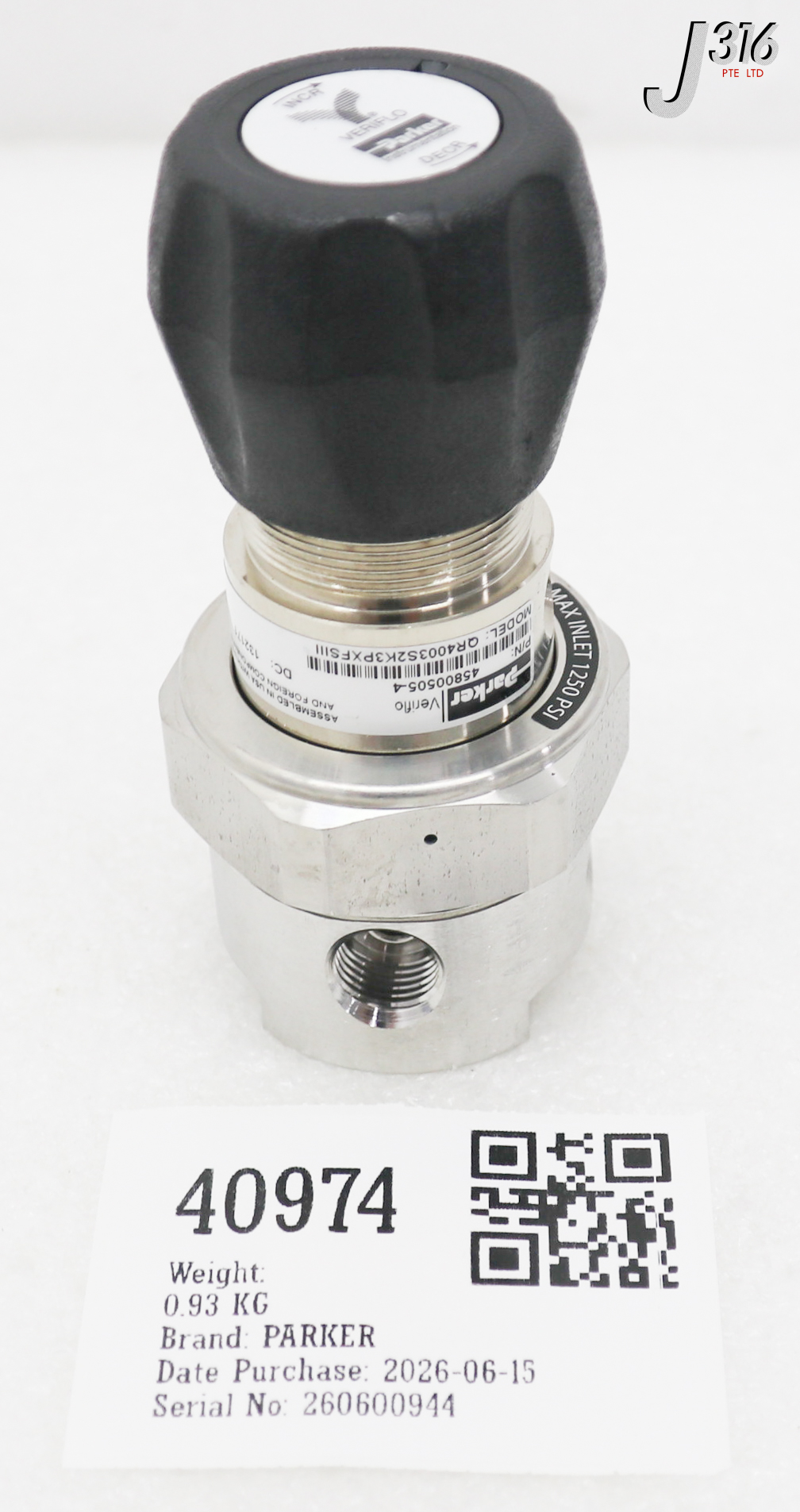 40974 PARKER SINGLE STAGE PRESSURE REDUCING REGULATOR, QR4003S2K3PXFSIII 45800505-4