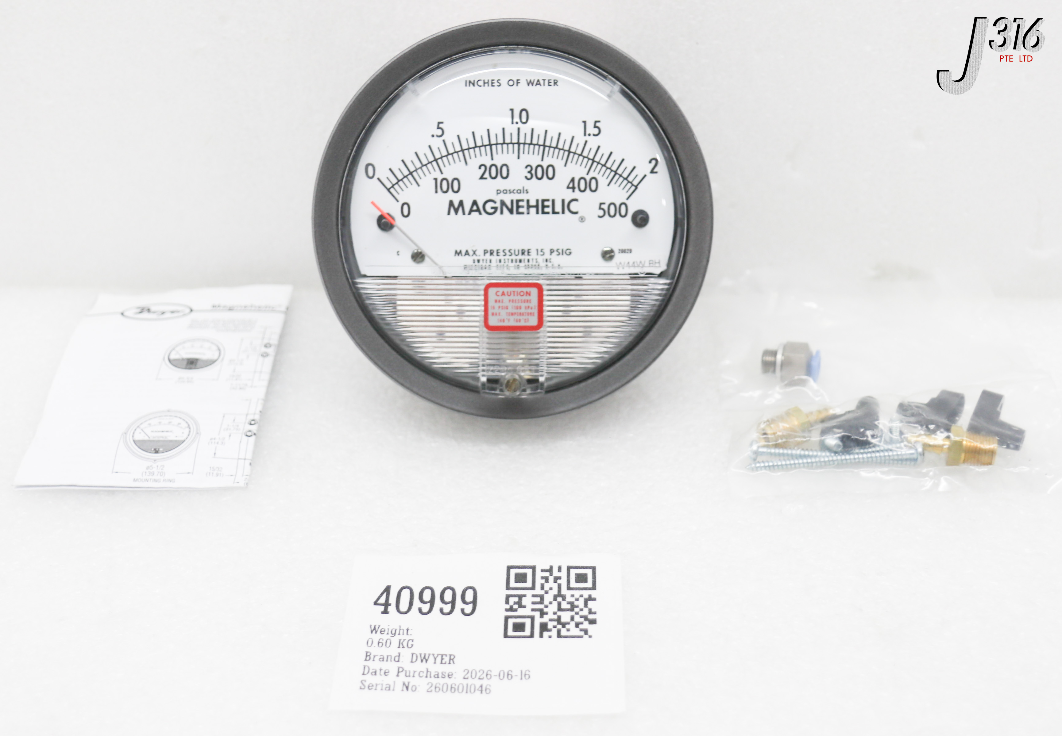 40999 DWYER MAGNEHELIC DIFFERENTIAL PRESSURE GAUGE, 0 TO 2, 0 TO 500 PASCALS (NEW) 2002D