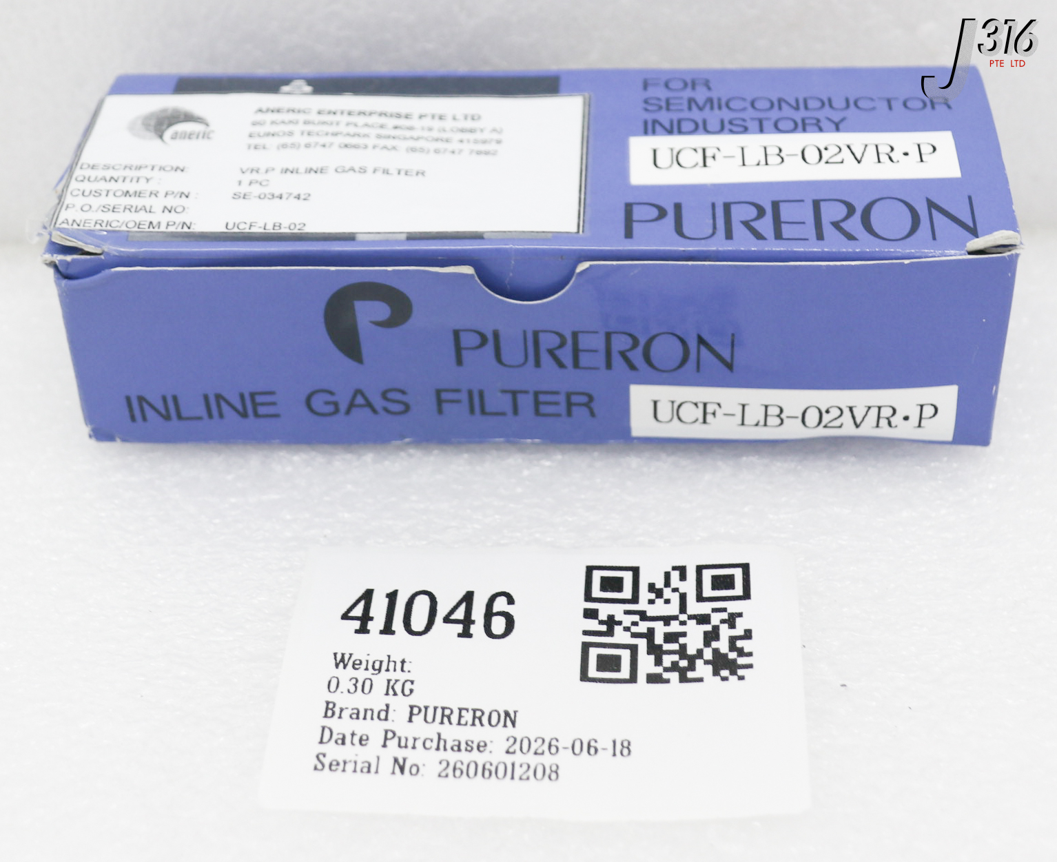 41046 PURERON VR.P INLINE GAS FILTER (NEW) UCF-LB-02VR-P
