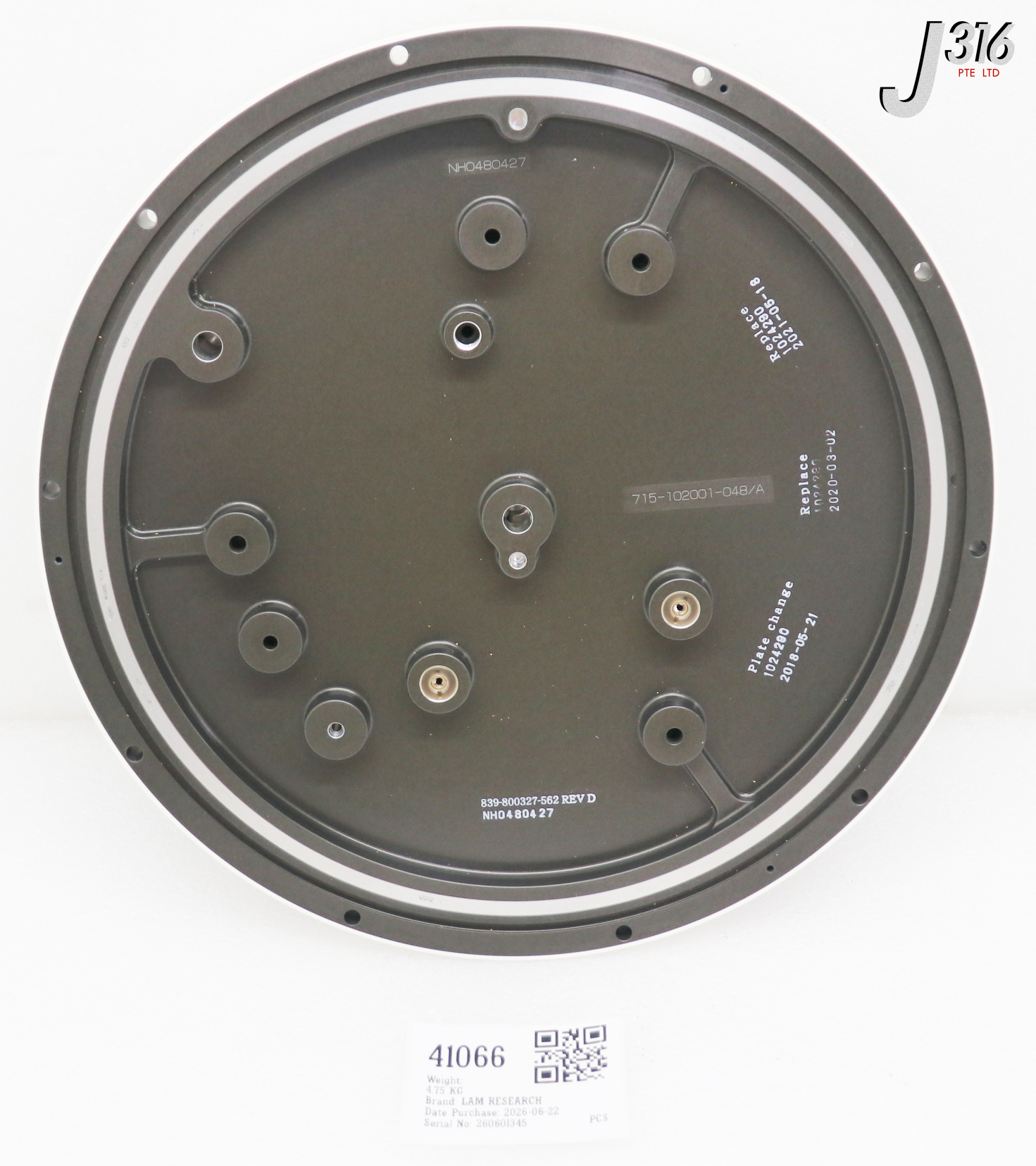 41066 LAM RESEARCH ELECTROSTATIC CHUCK, 715-102001-048/A 839-800327-562 REV D