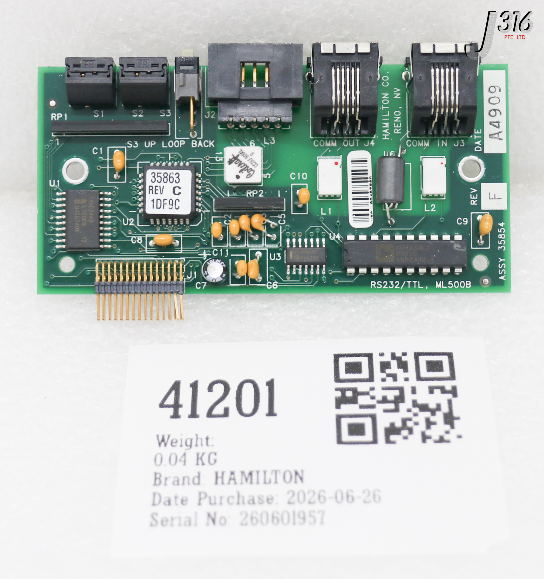 41201 HAMILTON PCB, ETHERNET BOARD, RS232/TTL, ML500B 35854