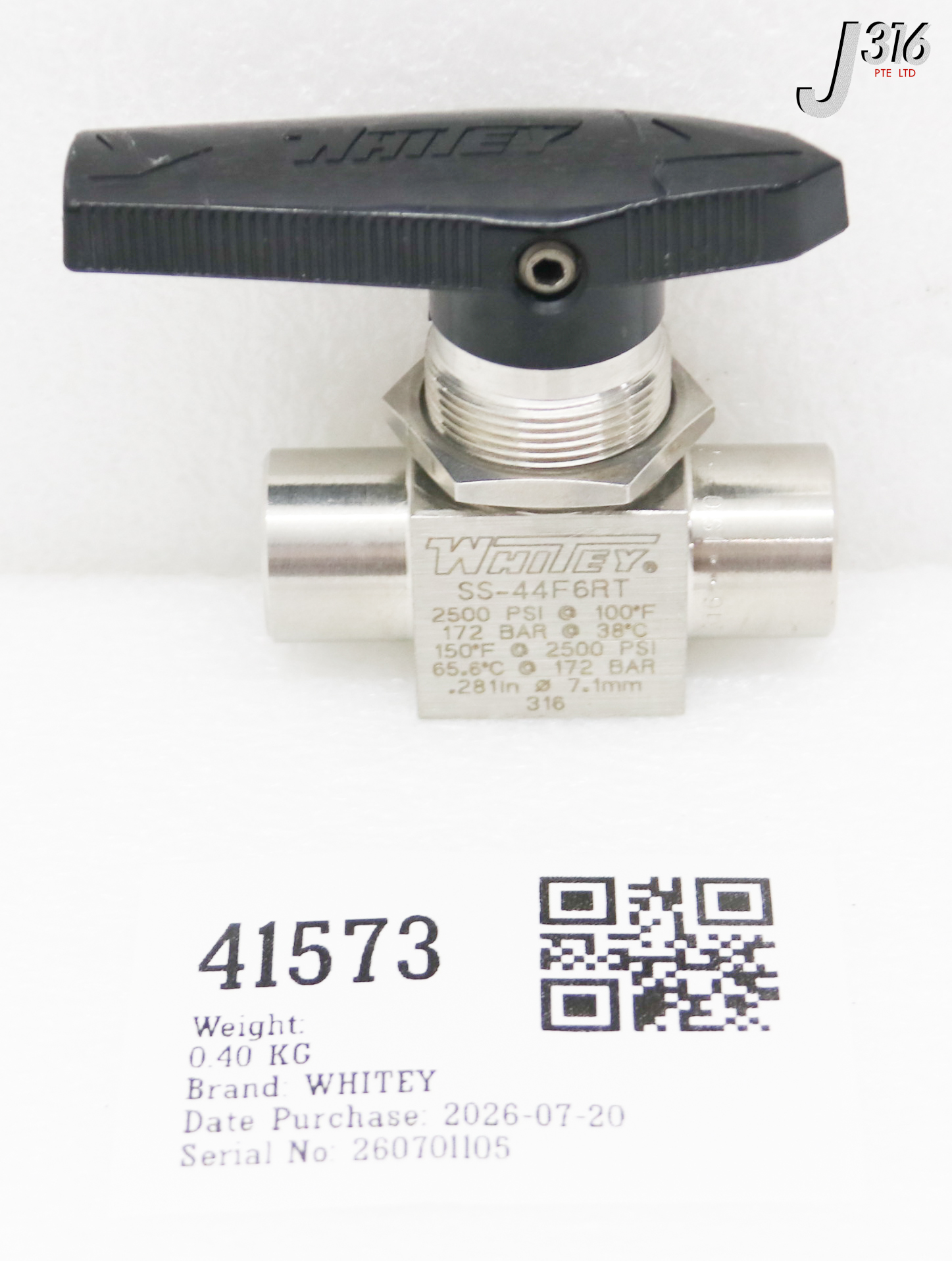 41573 WHITEY STAINLESS STEEL 1-PIECE 40 SERIES BALL VALVE, 2.6 CV, 3/8 IN. FEMALE ISO TAPERED SS-44F6RT