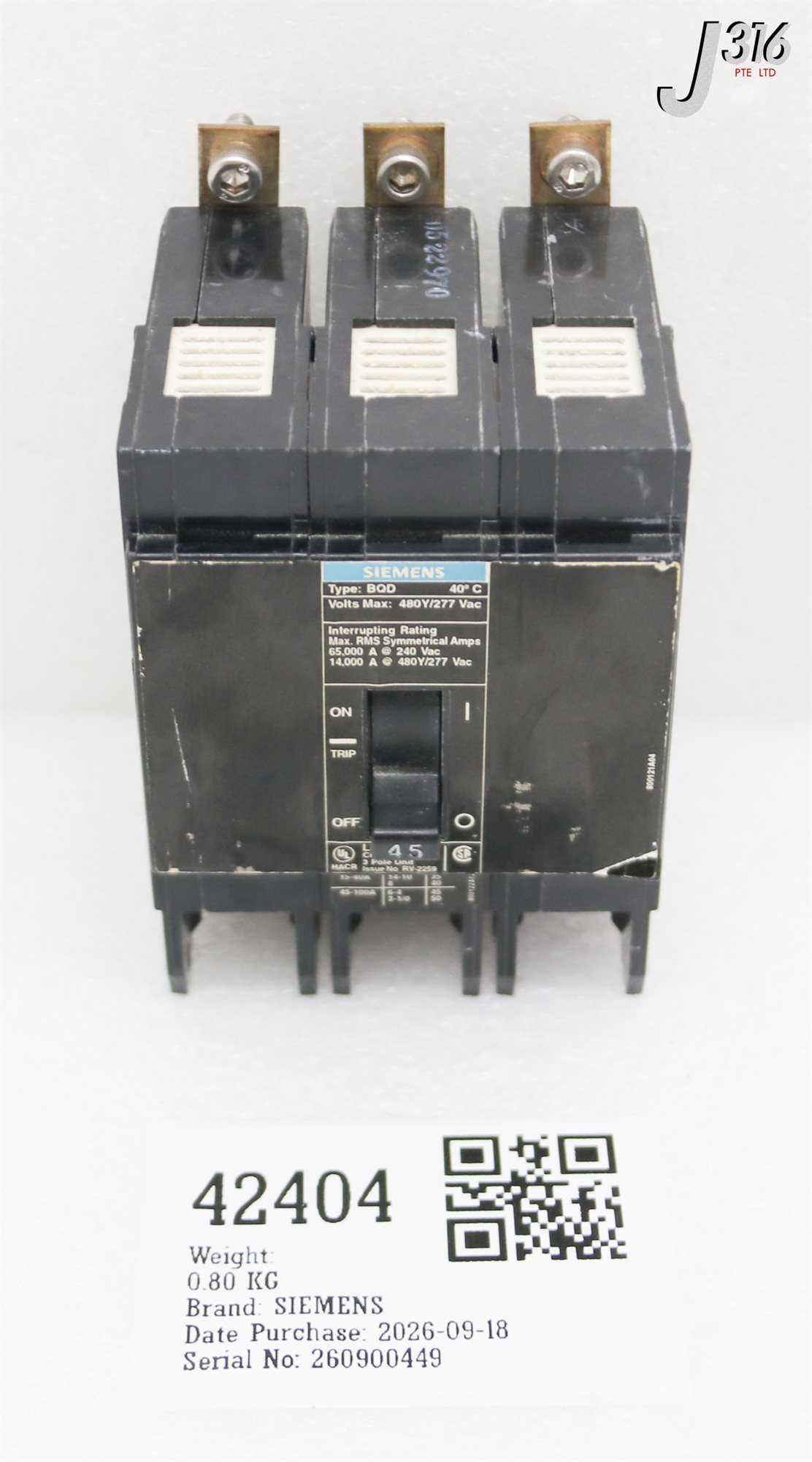 42404 SIEMENS MOLDED CASE CIRCUIT BREAKER, 480Y/277 VAC, 45AMP RV-2259