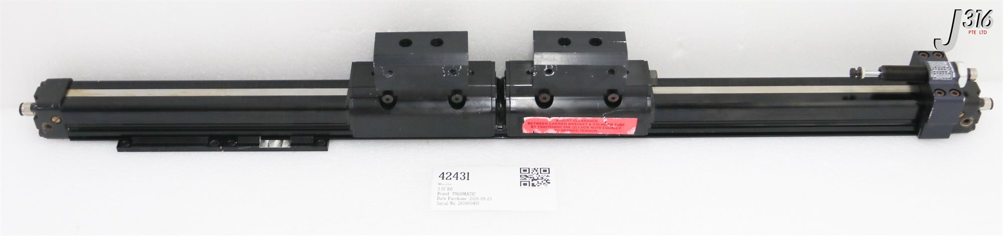 42431 TOLOMATIC SOILD BEARING RODLESS CYLINDER, BASE LENGTH 810MM, STROKE 120MM W/ ENIDINE PM25IC-2B BC2#167459
