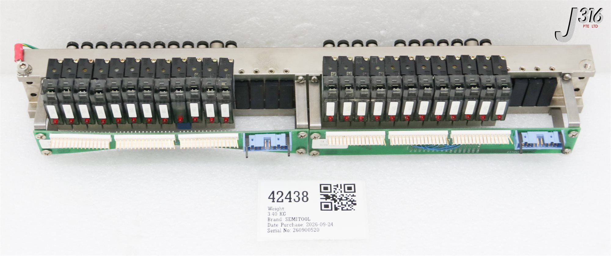 42438 SEMITOOL PNEUMATIC MANIFOLD W/ 2601800 PCB SOLENOID BOARD 23726-01-0593, 44A-LOO-GDCD-1HL9 (24) 23726-01-0598