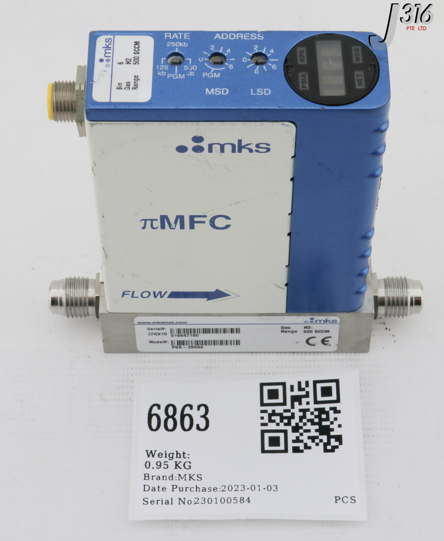 6863 MKS MFC,  PRESSURE-INSENSITIVE P8A-29344