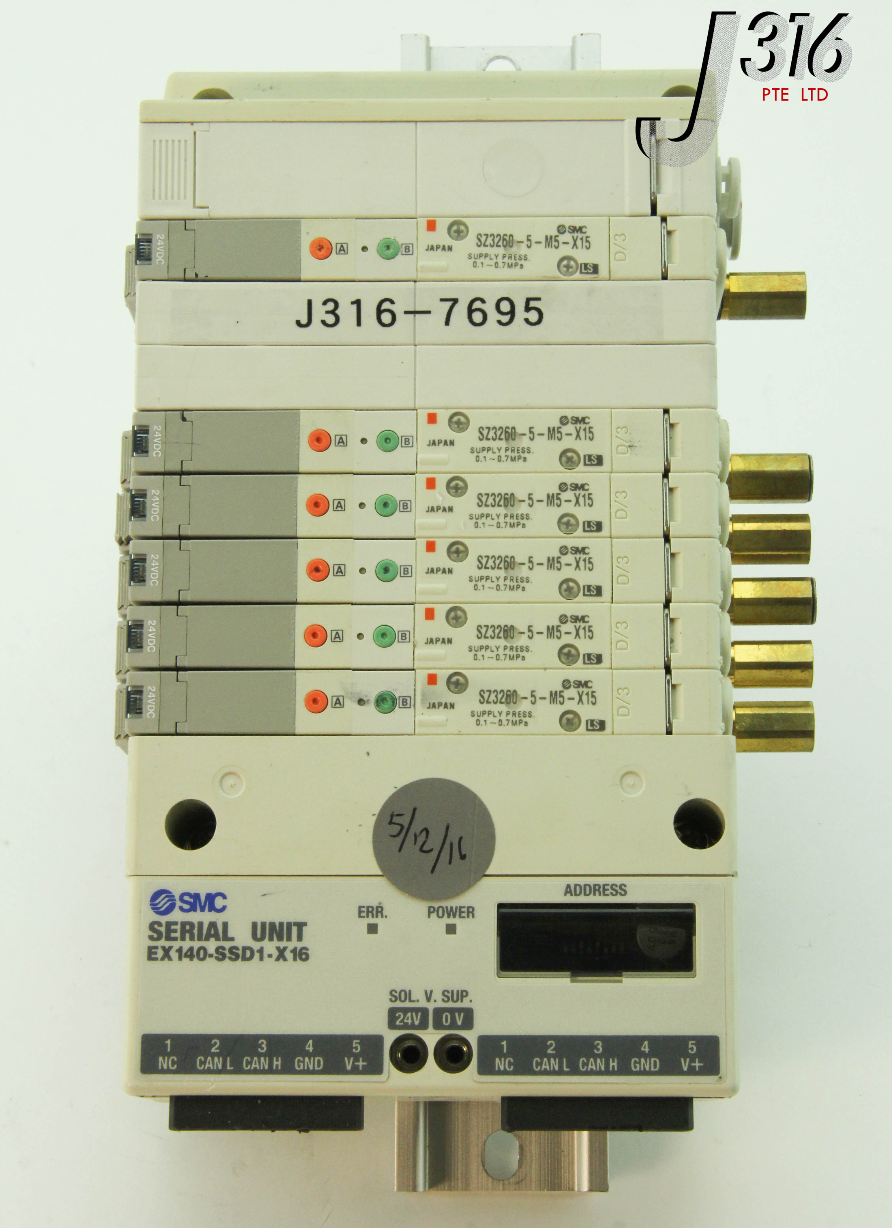 7695 SMC PNEUMATIC AIR MANIFOLD W/ SUPPLY PRESS(SZ3260-5-M5-X15)(8SLOT) EX140-SSD1-X16