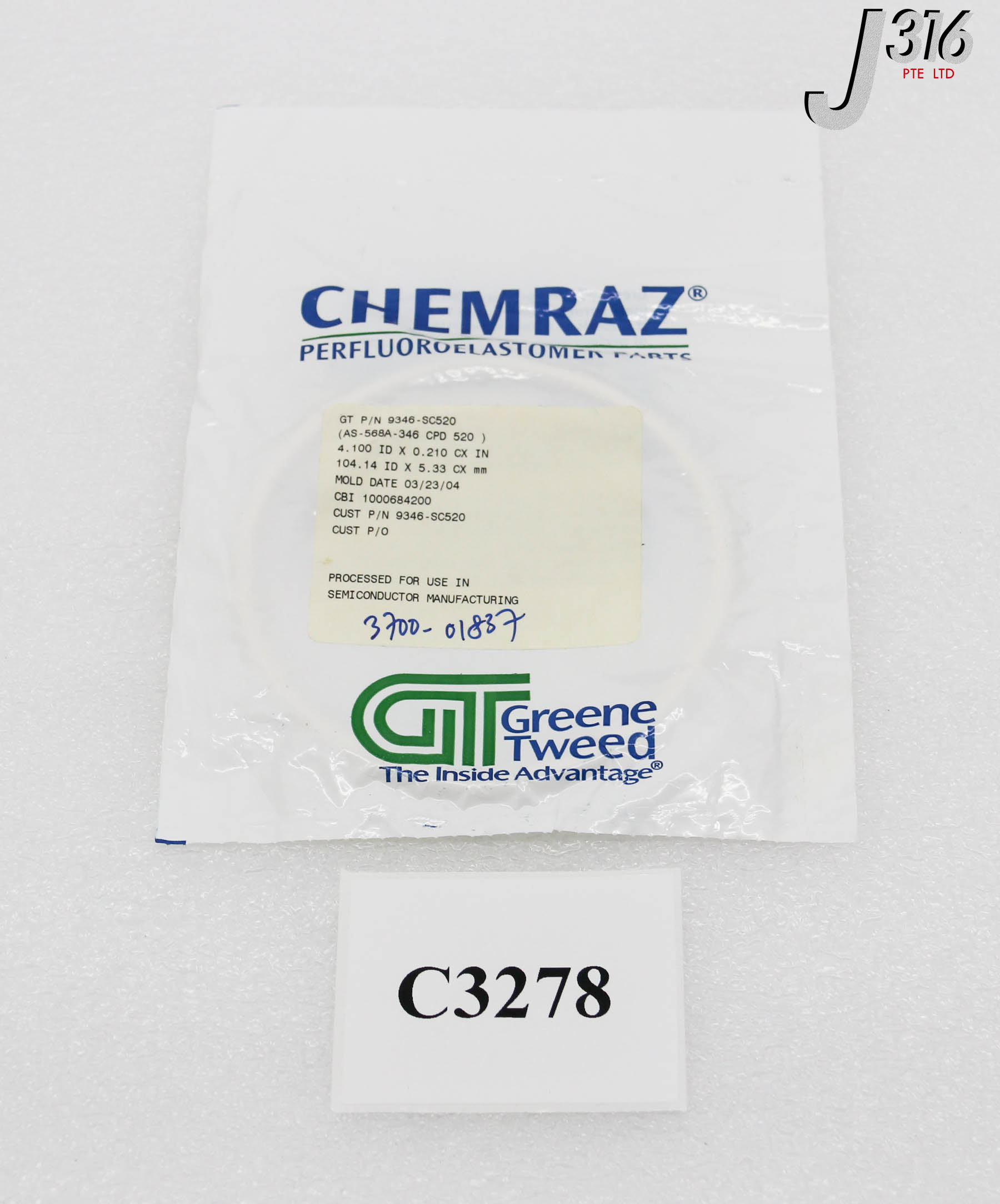 C3278 APPLIED MATERIALS O-RING, ID 4.100 CSD .210, CHEMRAZ SC520 ...