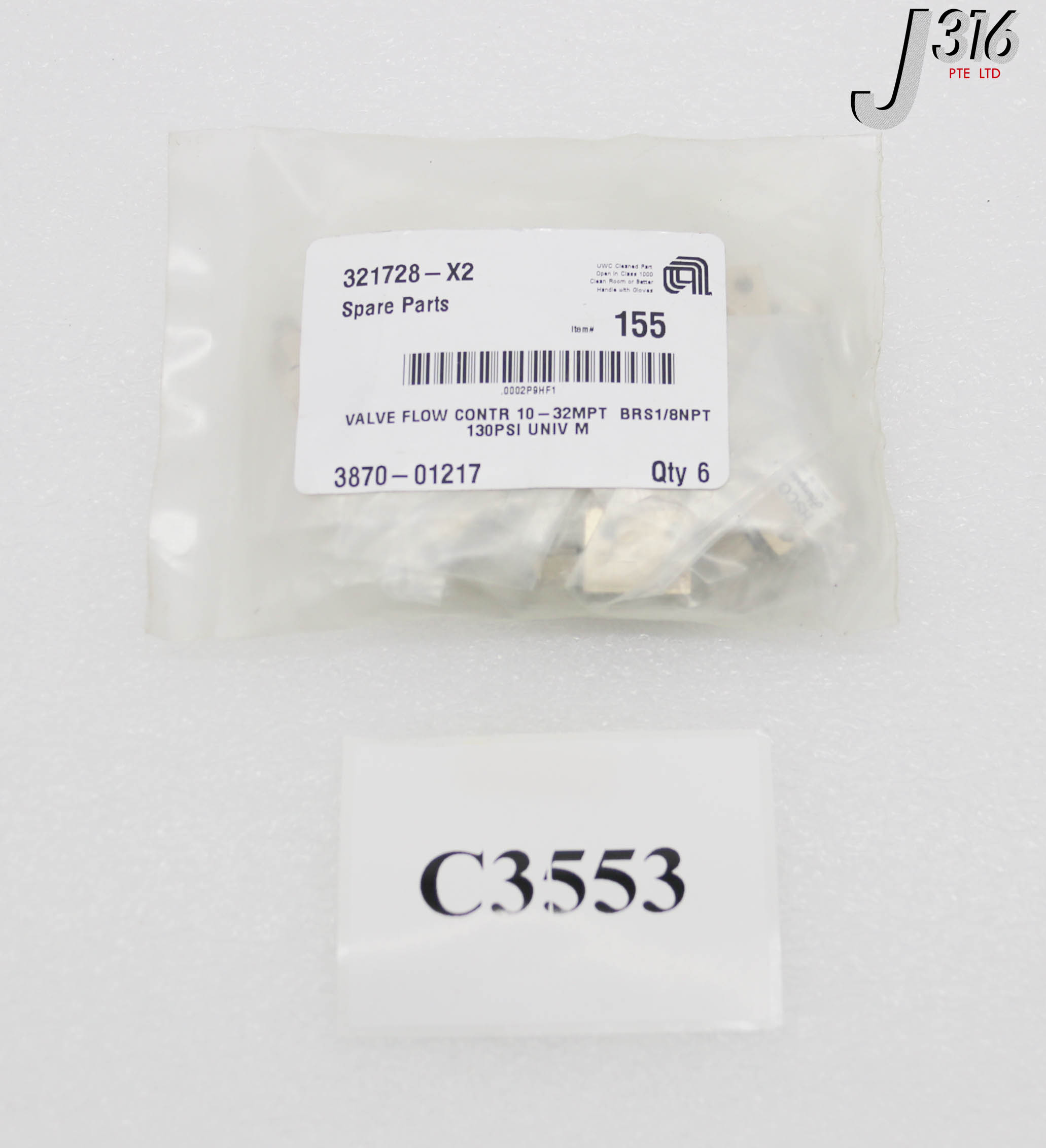 C3553 APPLIED MATERIALS VALVE FLOW CONTR, 10-32MPT BRS1/8NPT 130PSI UNIV M (LOT OF 6) (NEW) 3870-01217