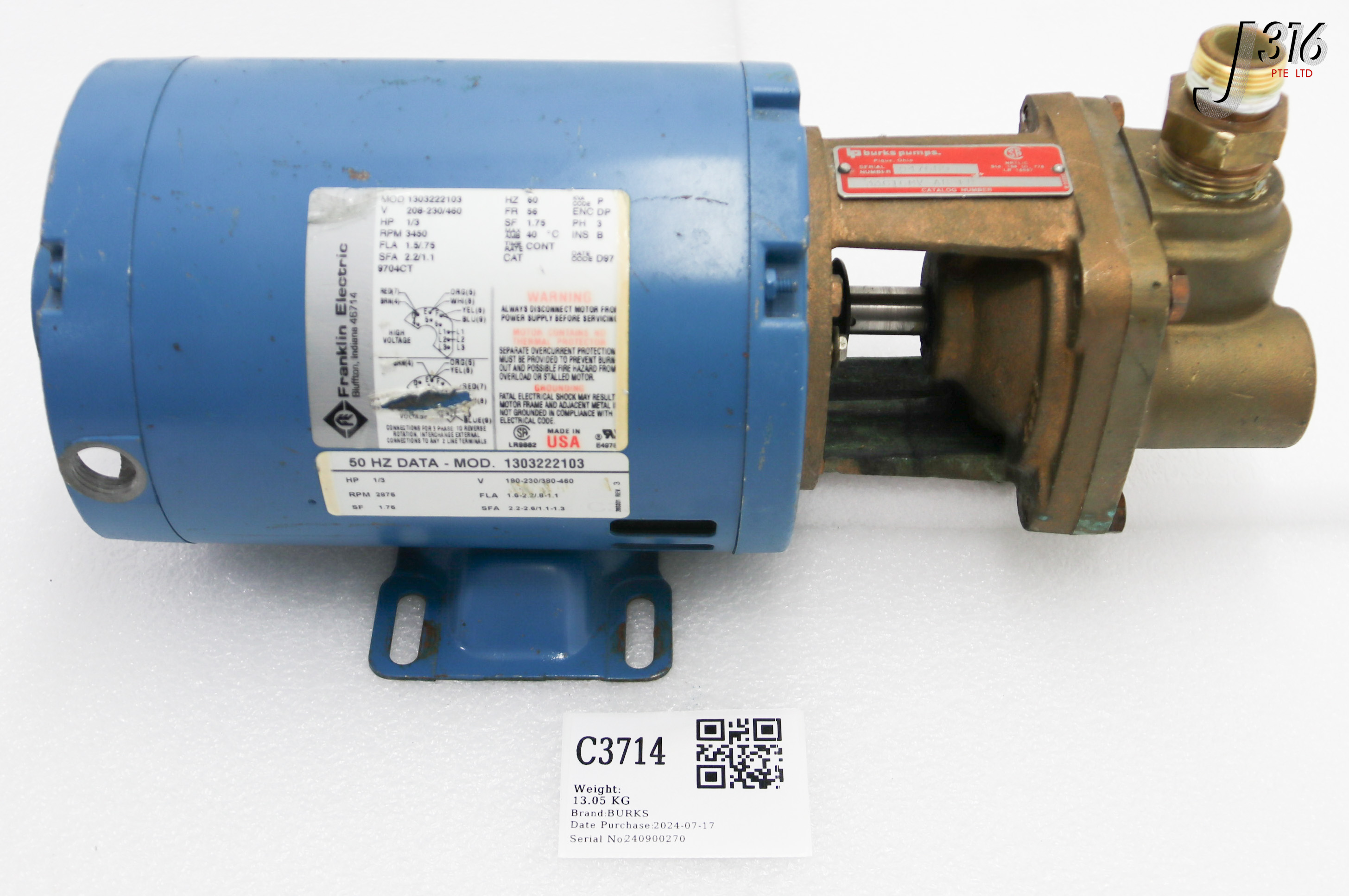 C3714 BURKS CENTRIFUGAL PUMP, 1303222103 33CT6MV-AB-FE