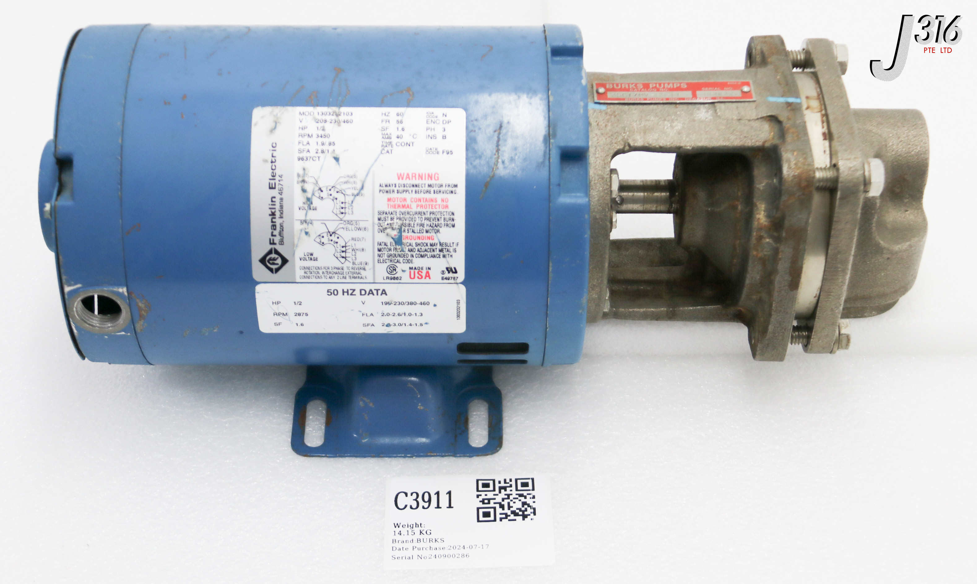 C3911 BURKS CENTRIFUGAL PUMP, 1303232103 35CT7MV-SS-FE