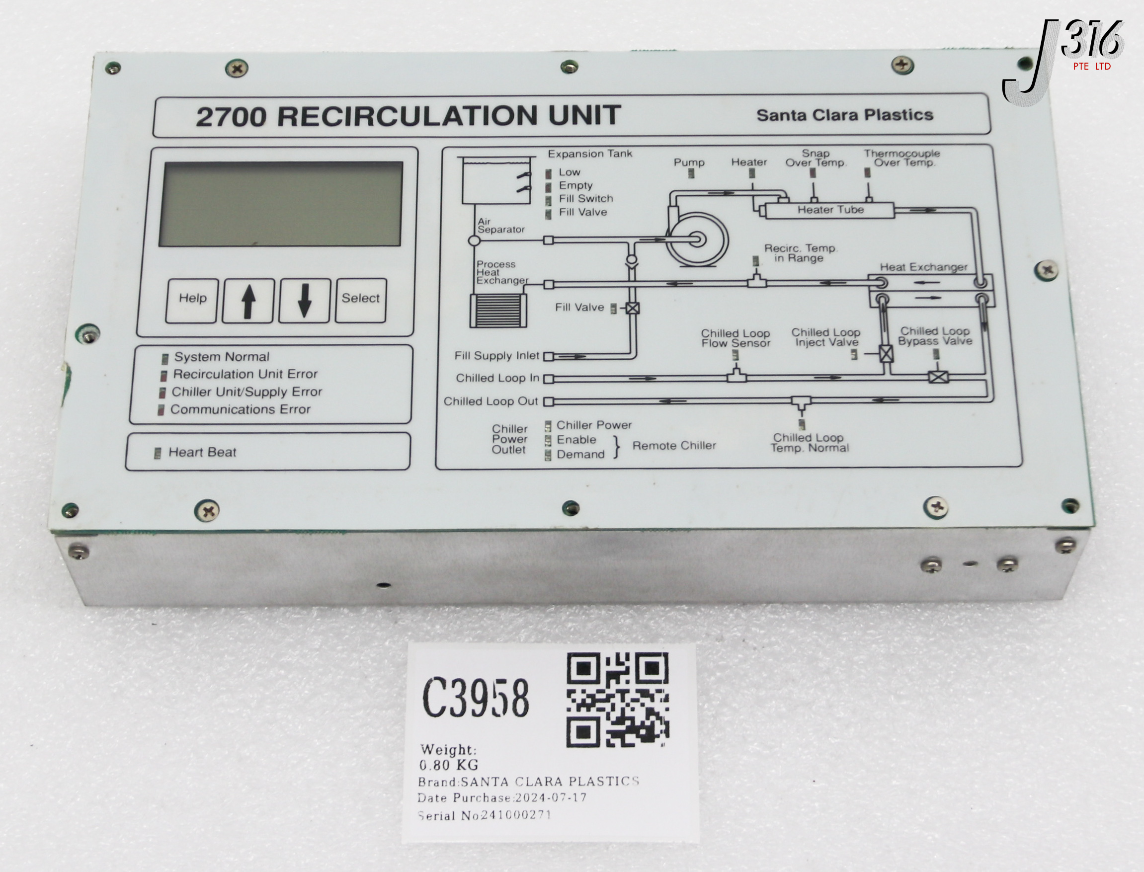 C3958 SANTA CLARA PLASTICS RECIRCULATION UNIT CONTROL PANEL 2700