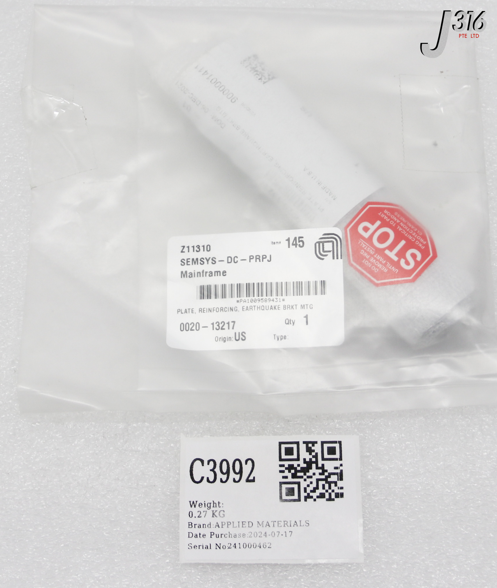 C3992 APPLIED MATERIALS PLATE REINFORCING EARTHQUAKE BRKT MTG (NEW) 0020-13217
