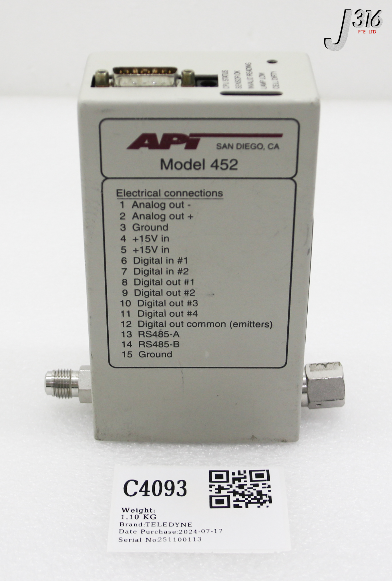 C4093 TELEDYNE INLINE O3 SENSOR, FULL FLOW HI-CON ULTRA 452A