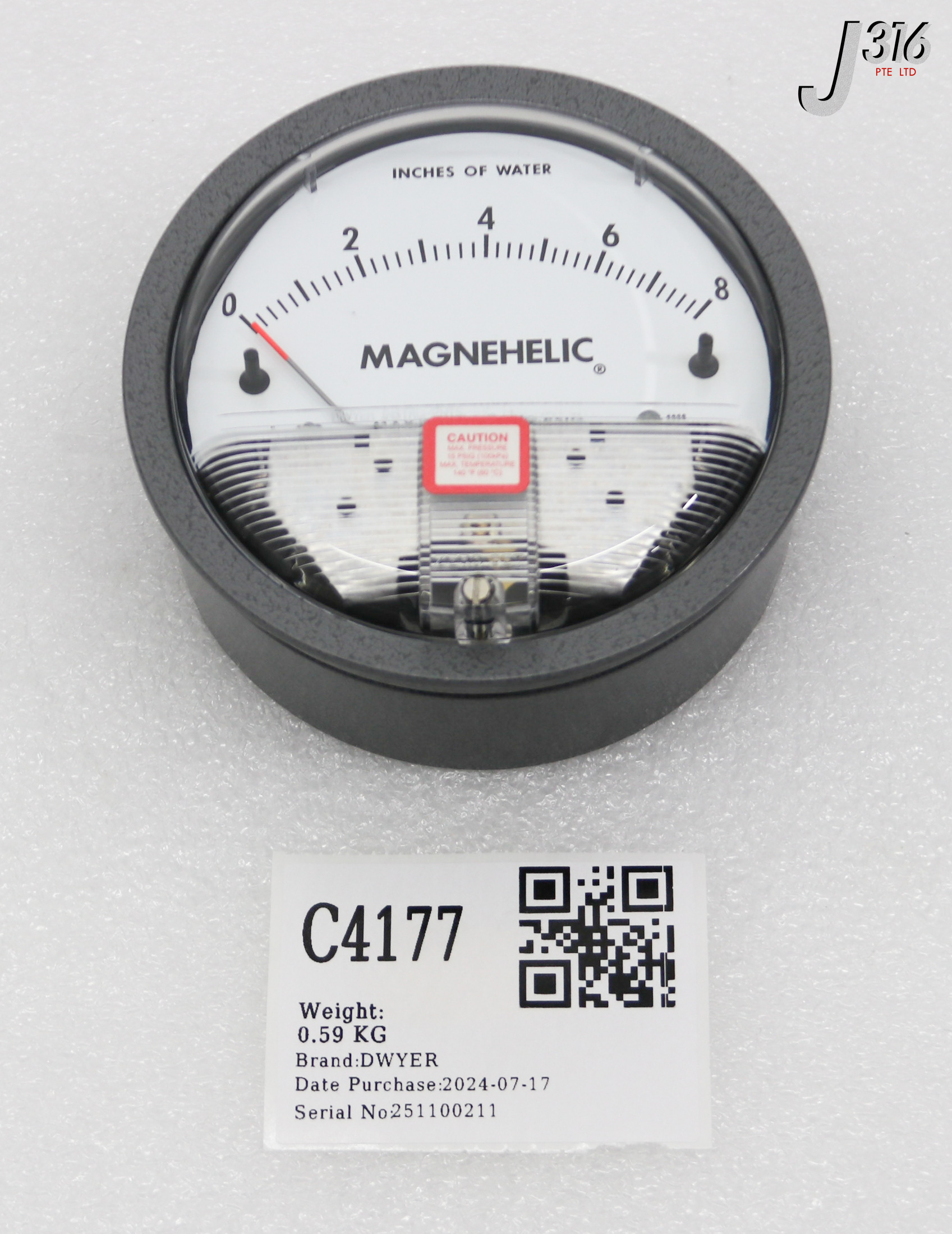 C4177 DWYER MAGNEHELIC DIFFERENTIAL PRESSURE GAUGE, 0 TO 8 (NEW) W36Y KM